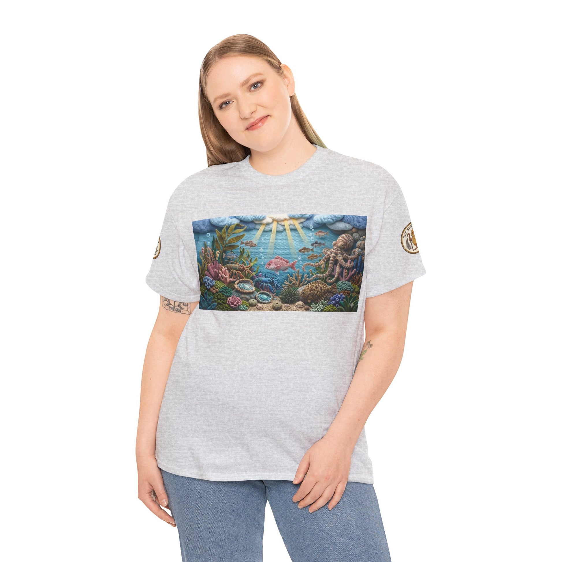 Light gray crewneck T-shirt with rectangular ocean scene print