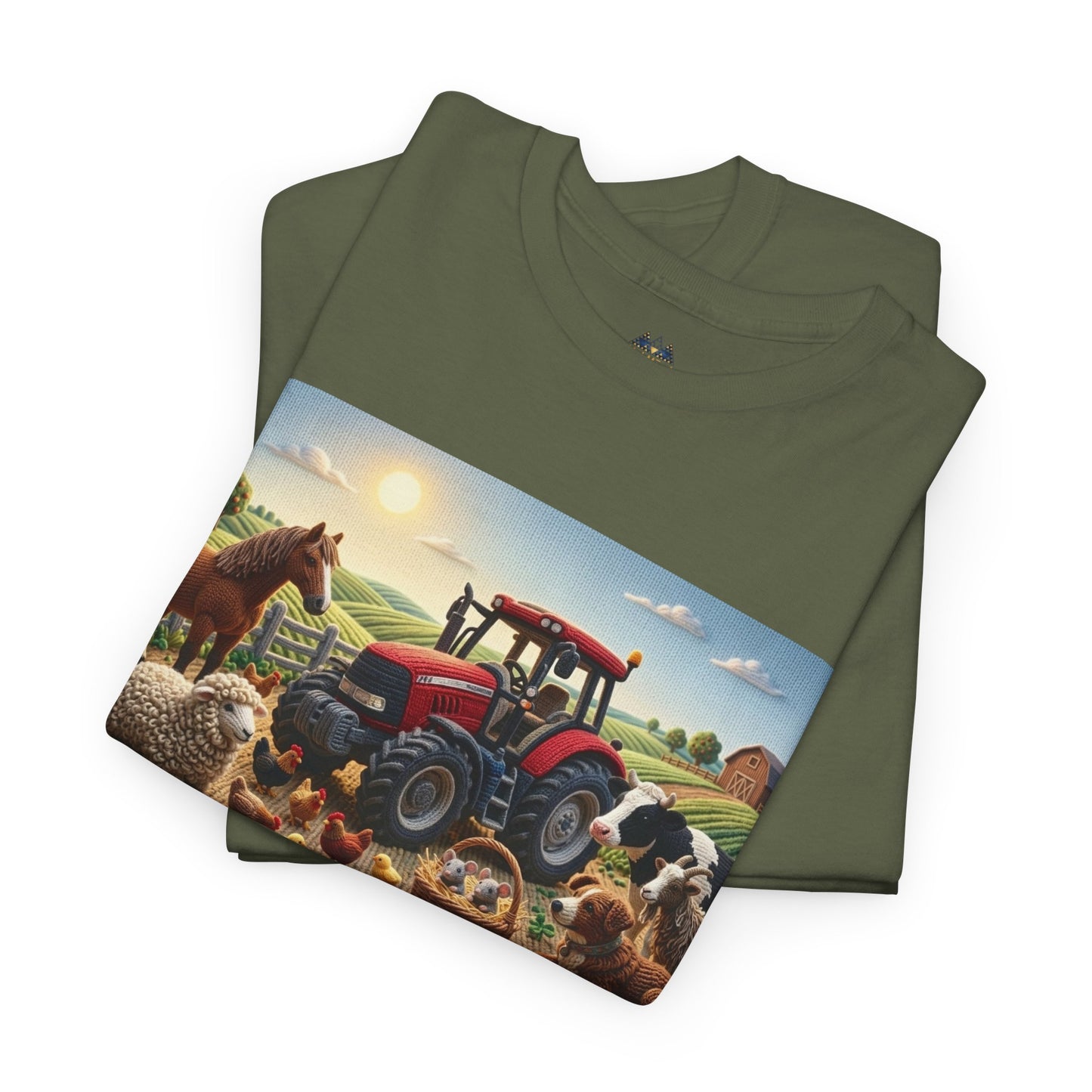 Folded olive green T-shirt with farm tractor scene graphic.