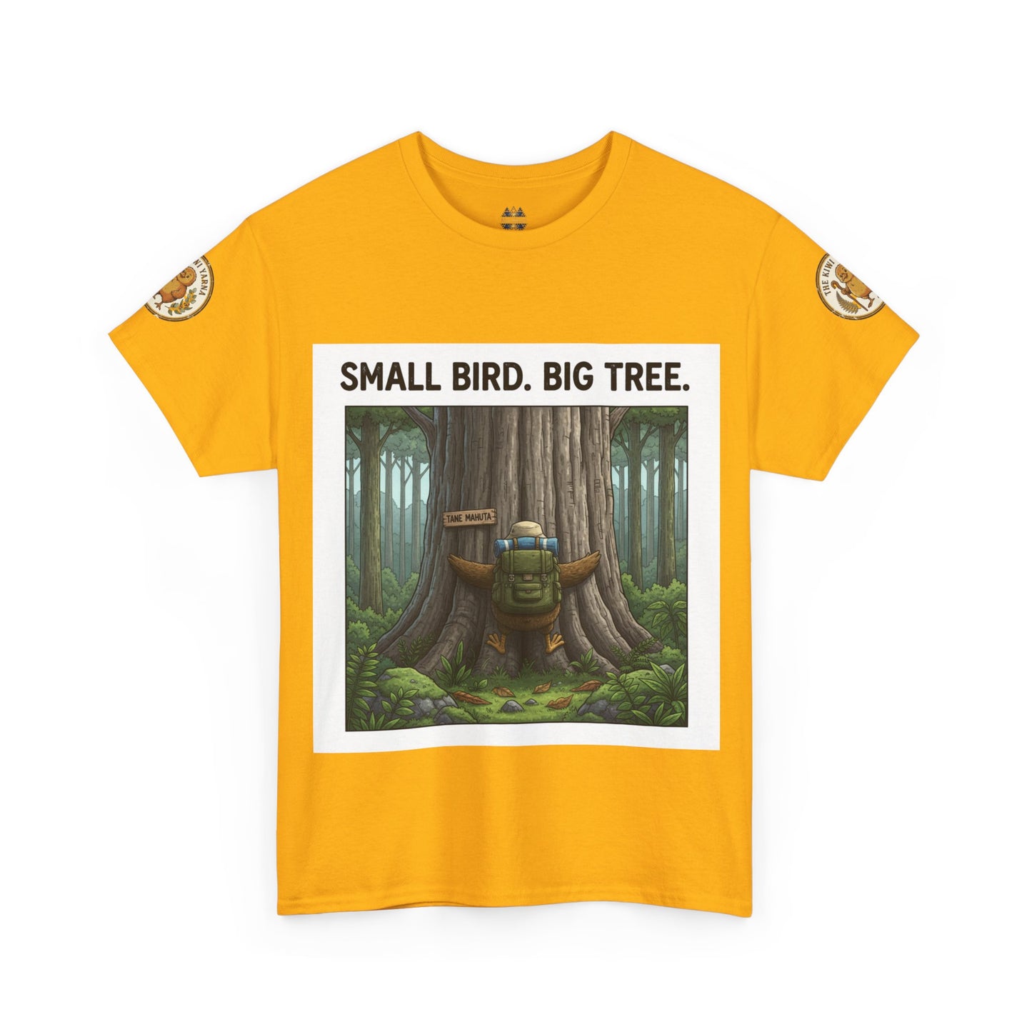 Mustard yellow graphic T-shirt with forest scene print, round neck, short sleeves