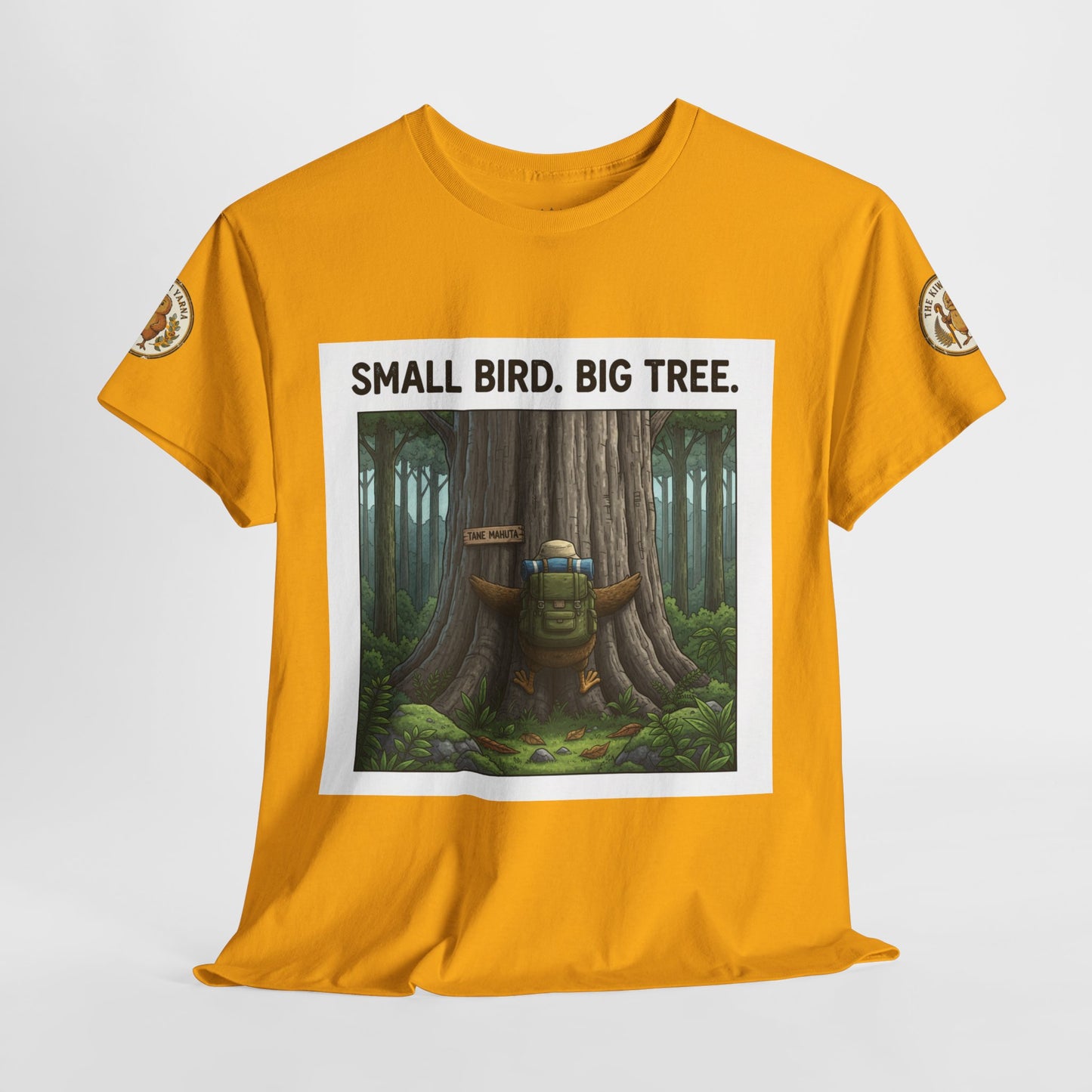 Mustard yellow graphic crewneck T-shirt with centered forest illustration box print