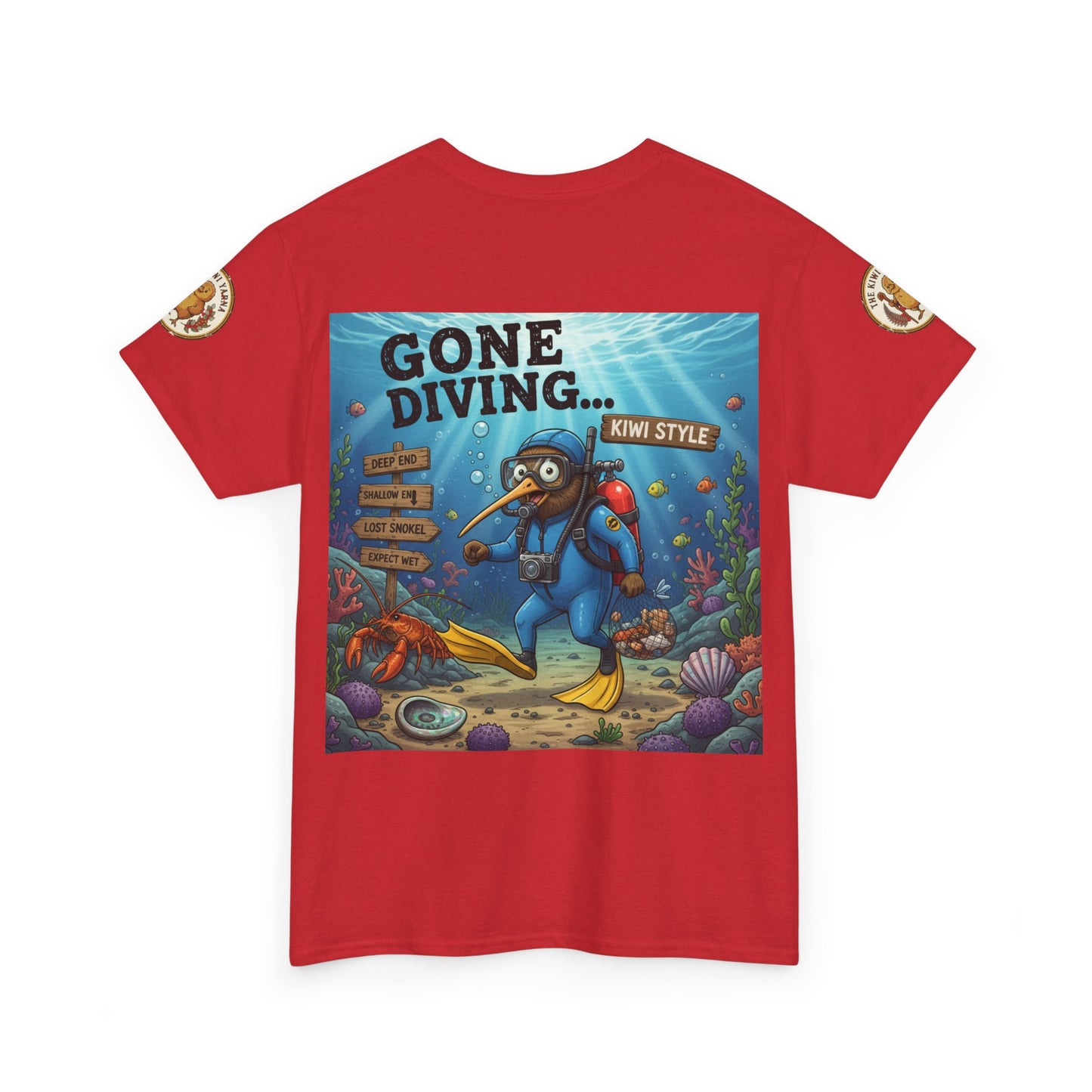 Red short-sleeve graphic T-shirt with ocean diver “Gone Diving” print panel