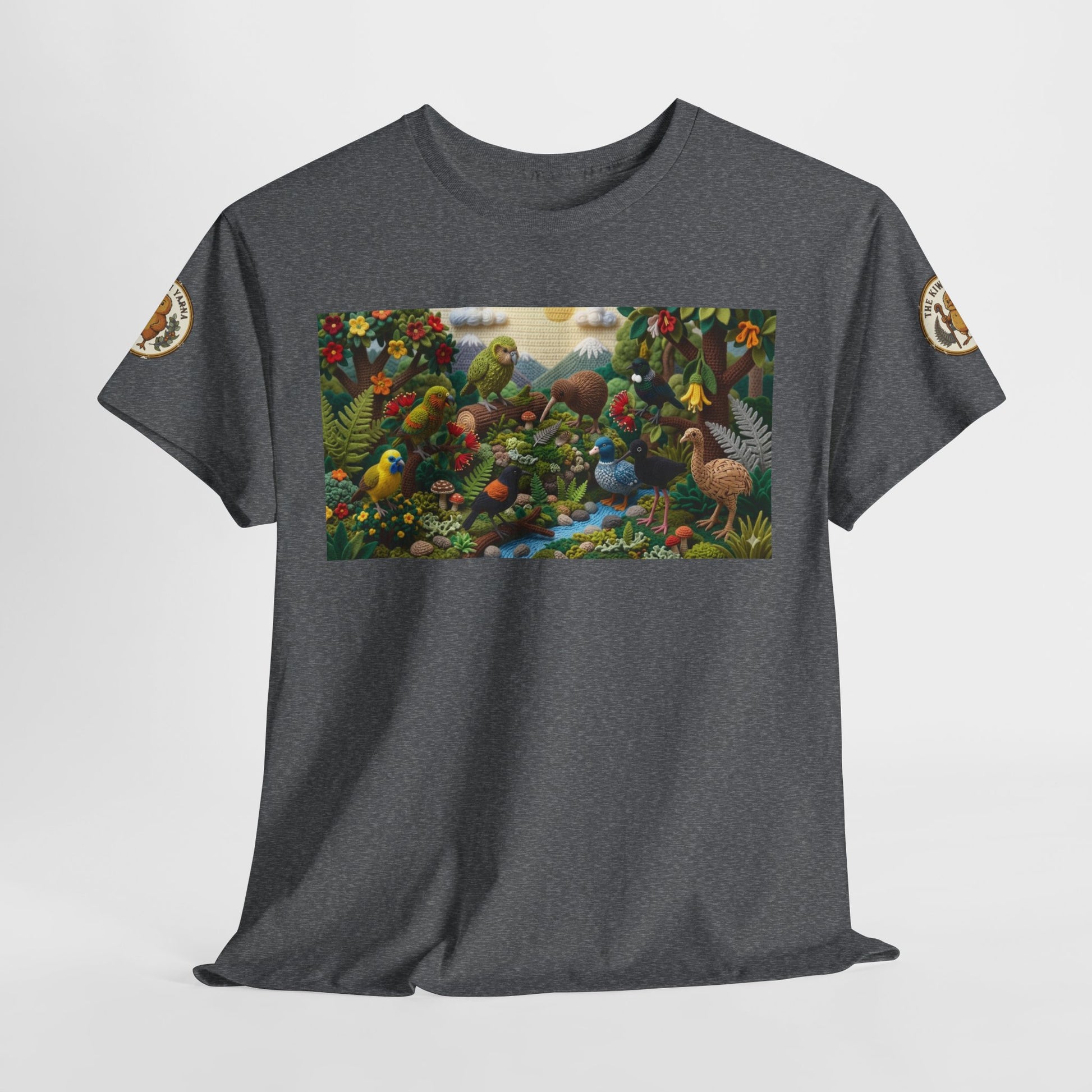 Dark gray crew-neck T-shirt with centered colorful birds-and-forest rectangle graphic