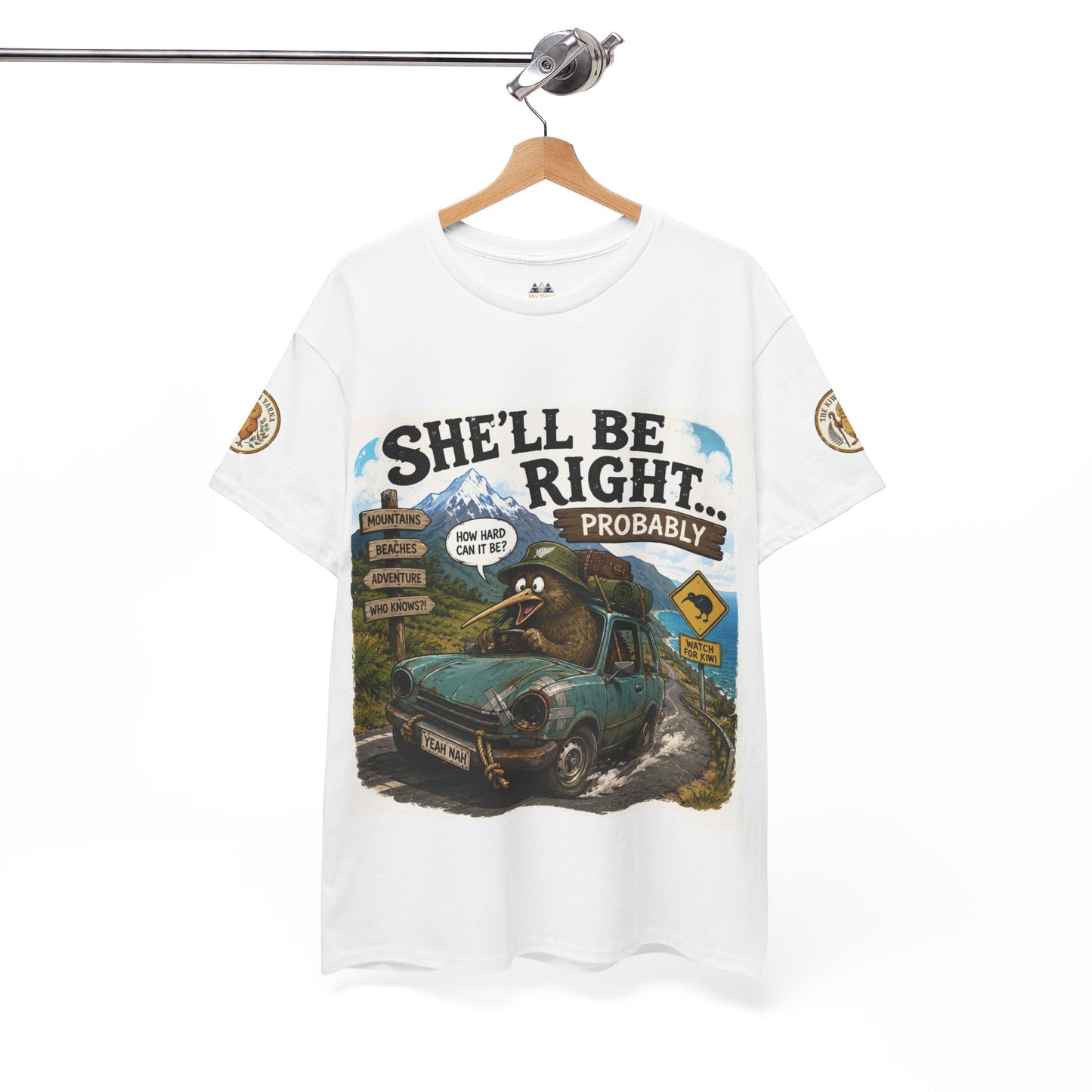 White graphic T-shirt hanging on a hook, featuring front truck scene print.