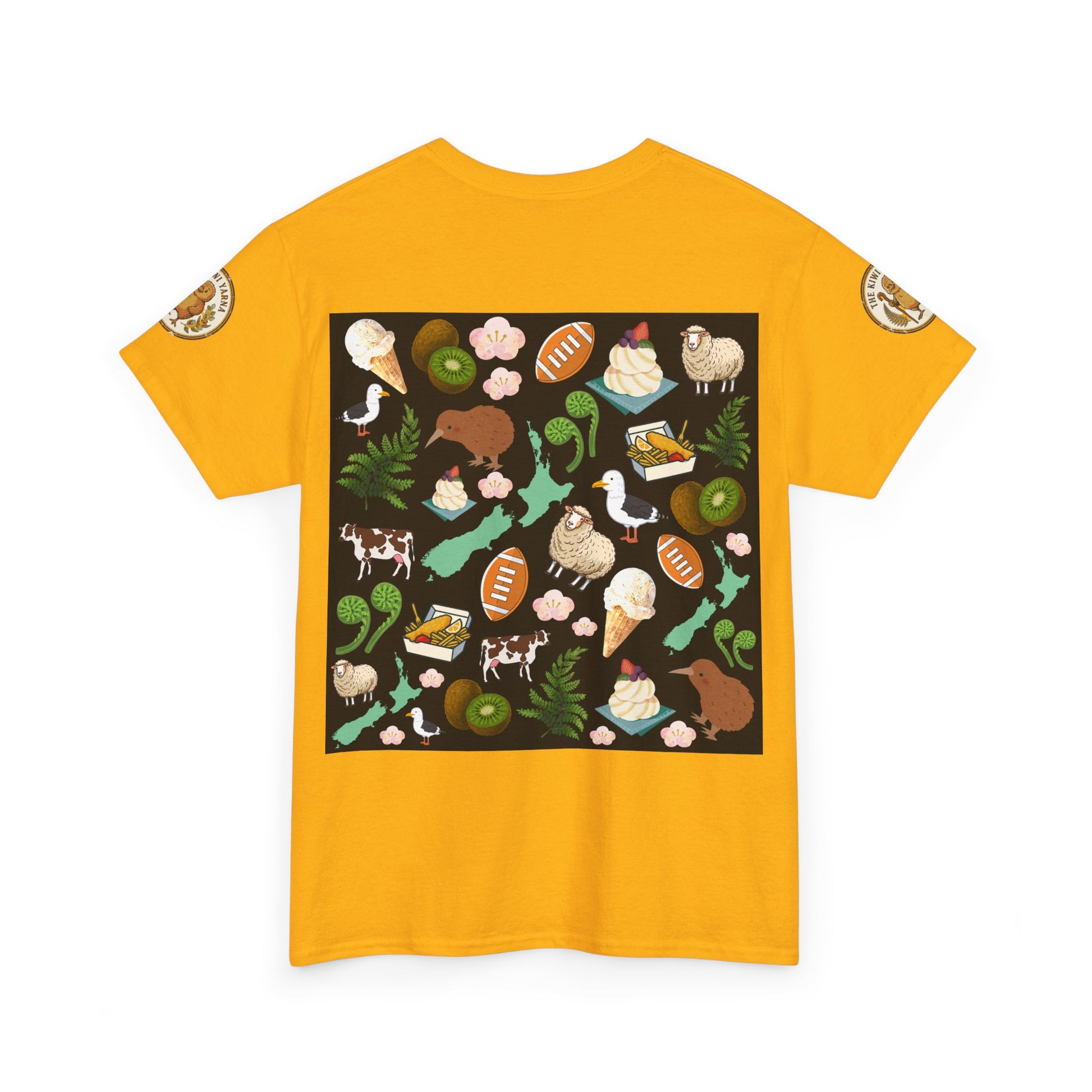 Mustard yellow short-sleeve T-shirt with Kiwiana wildlife and native-food collage graphic.