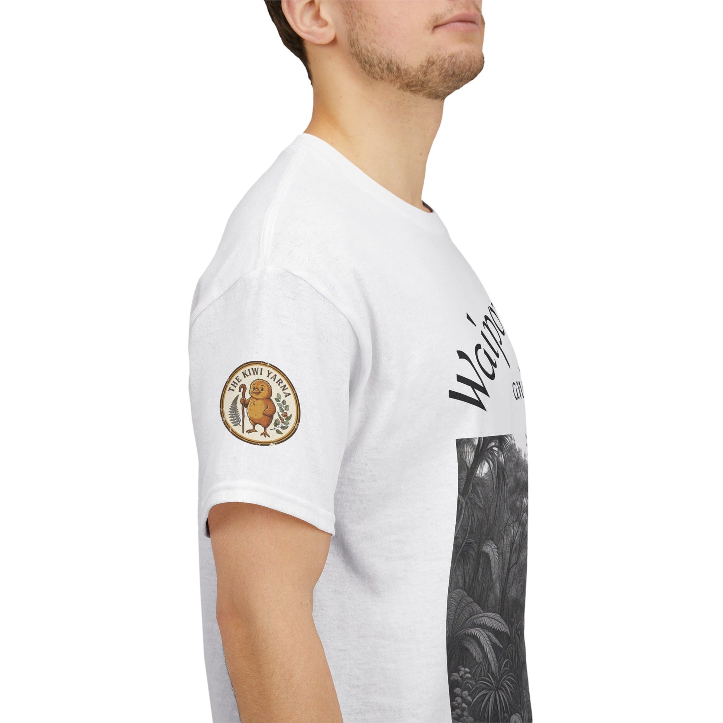 White crew-neck T-shirt with sleeve emblem and partial forest print on arm