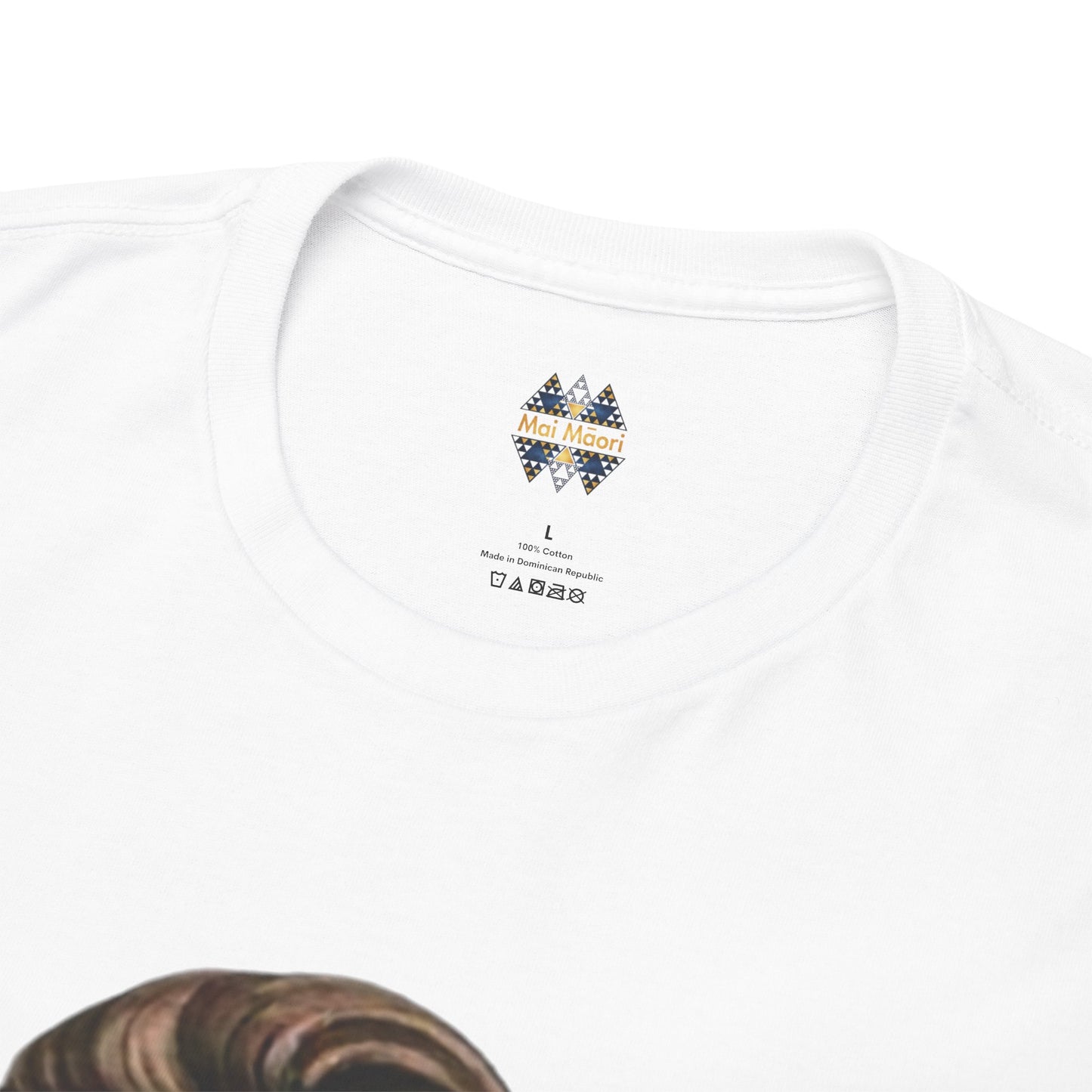 White T-shirt neckline with small multicolor brand label patch