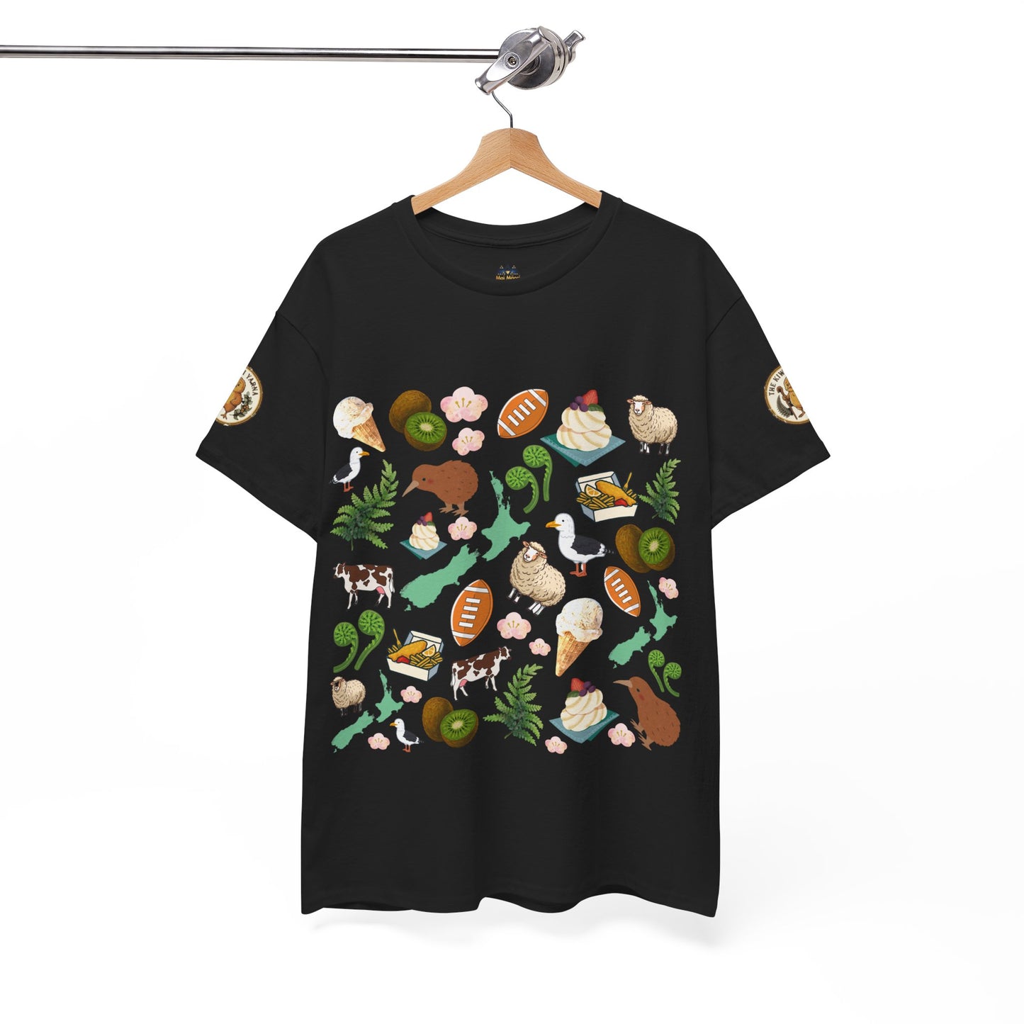 Kiwiana-inspired T-shirt in black with full front wildlife and fern illustration; crew neck