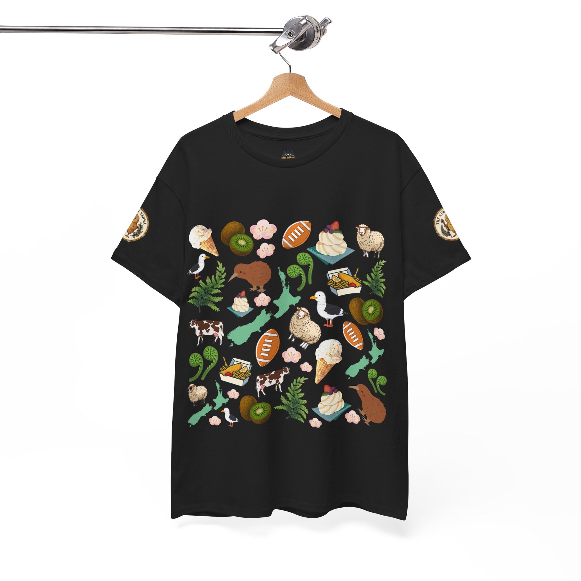 Kiwiana-inspired T-shirt in black with full front wildlife and fern illustration; crew neck