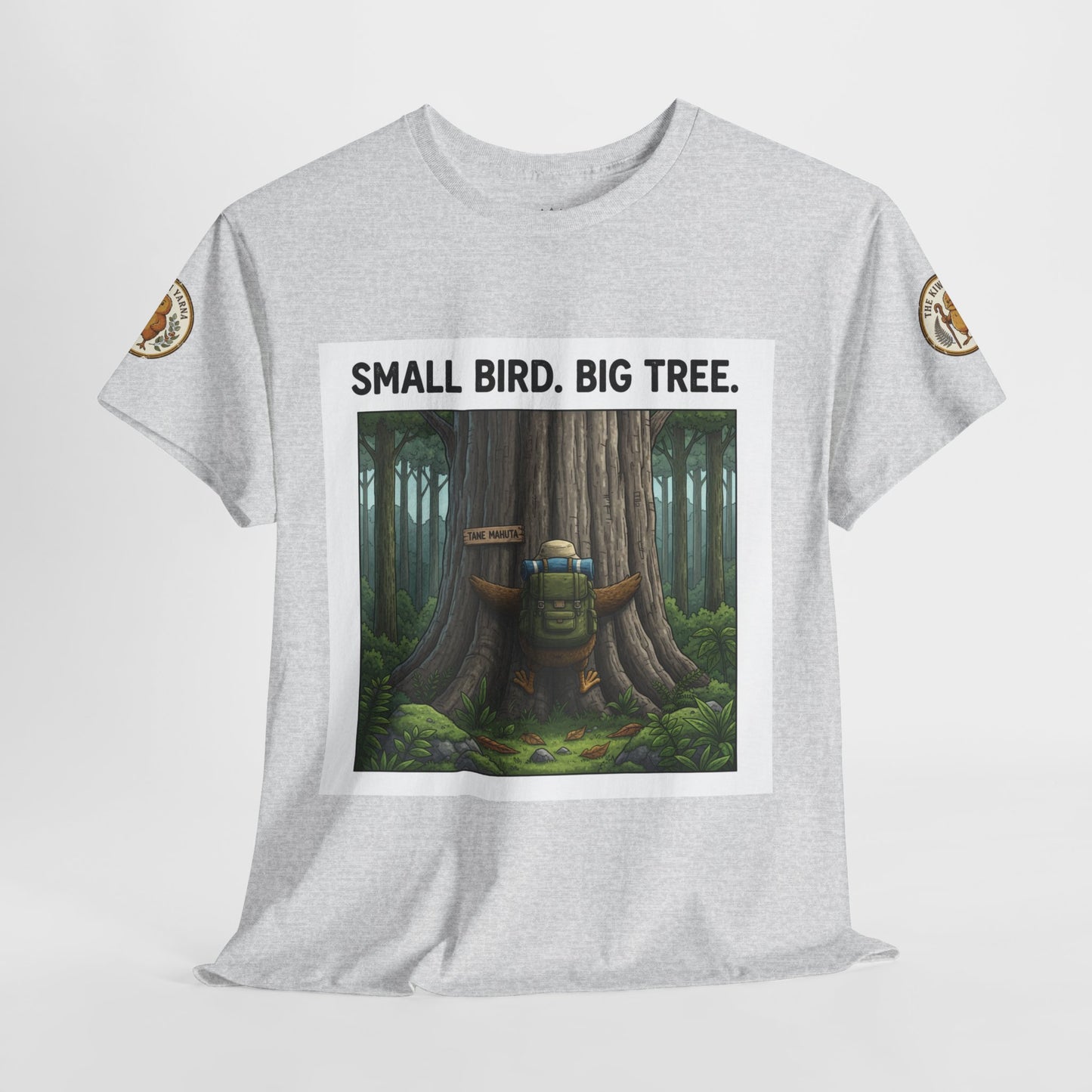 Heather gray T-shirt with front square forest scene graphic and “SMALL BIRD. BIG TREE.”