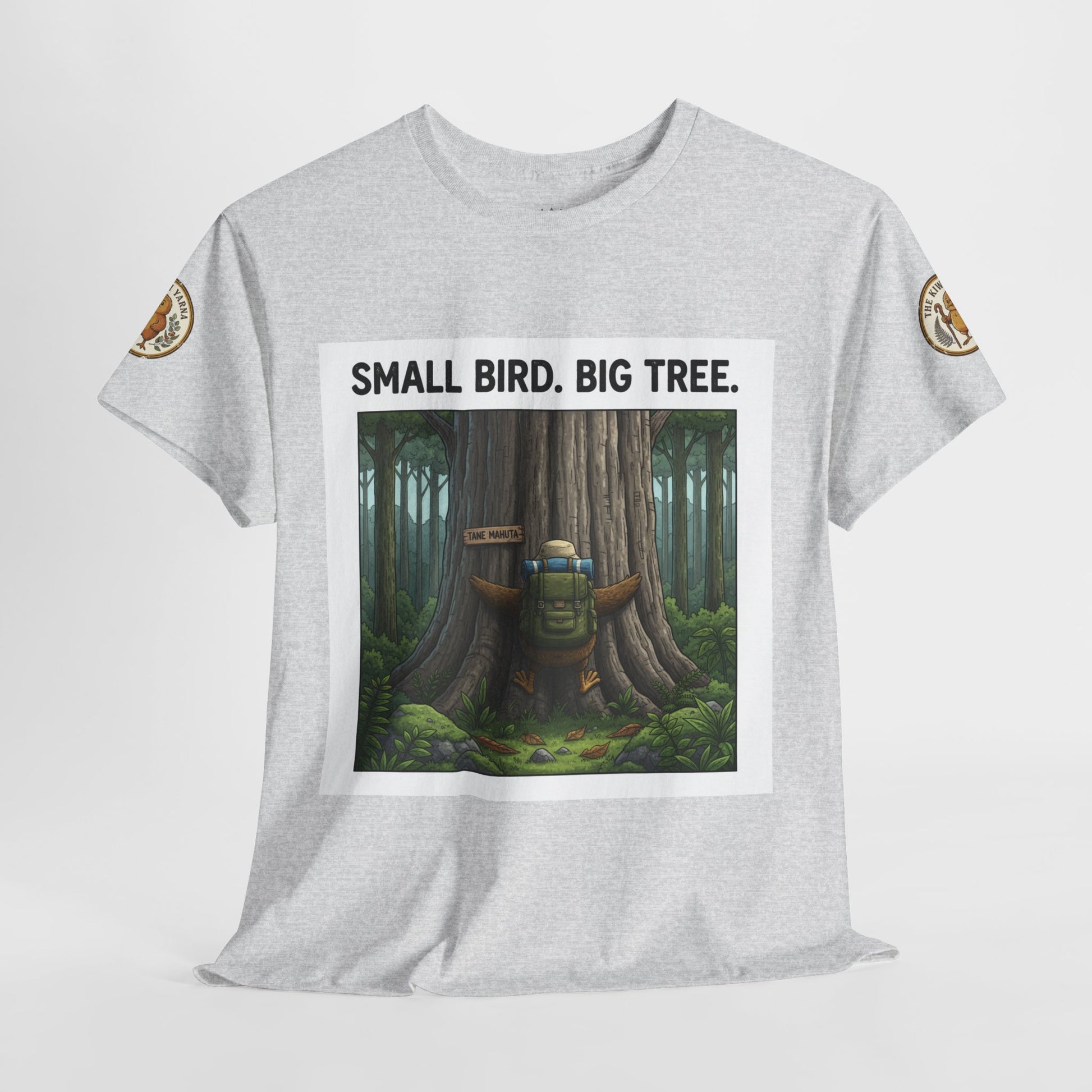 Heather gray T-shirt with front square forest scene graphic and “SMALL BIRD. BIG TREE.”