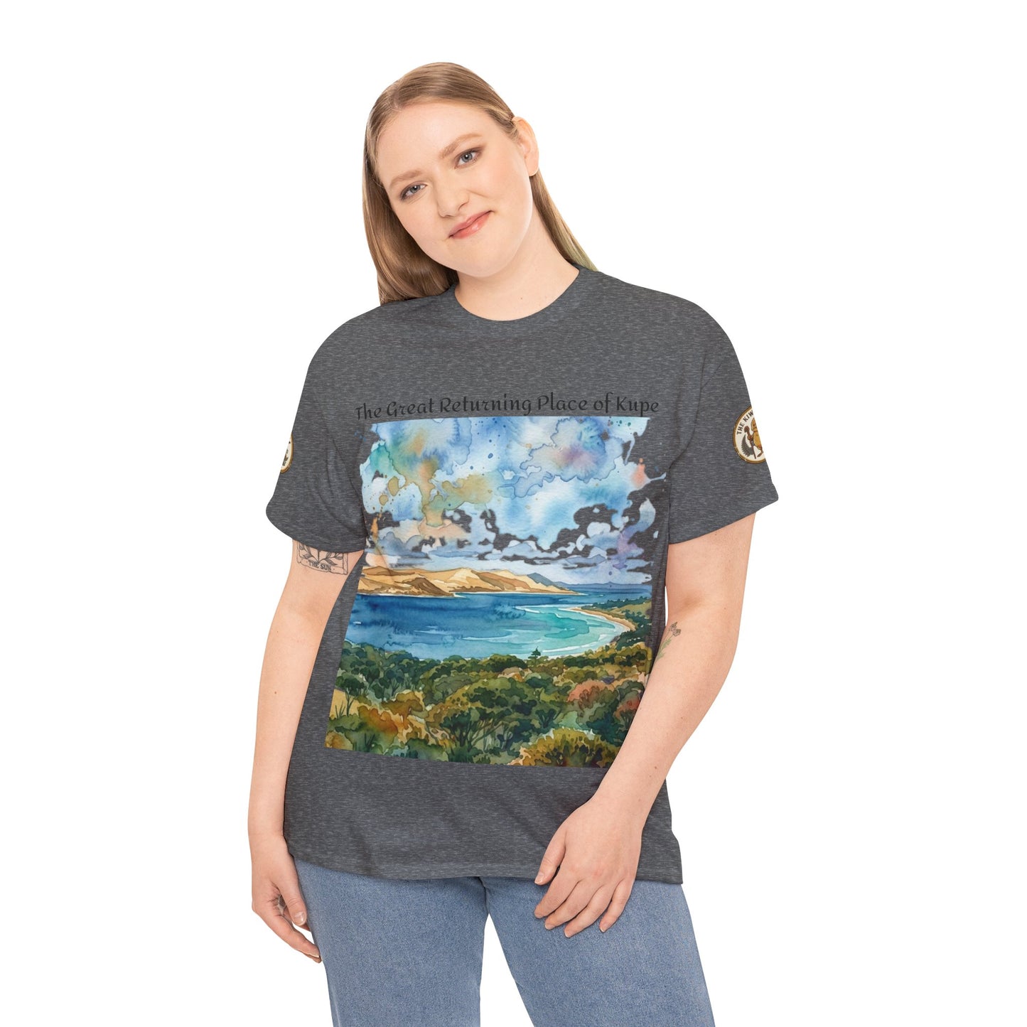 Dark heather crewneck T-shirt worn by model with watercolor landscape front