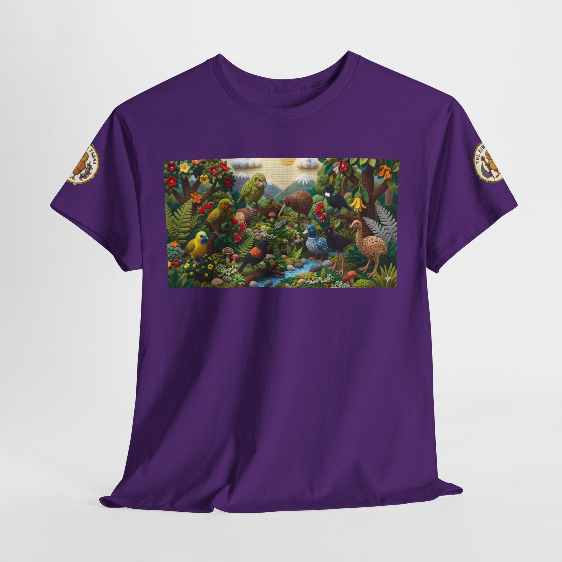 Purple T-shirt with rectangular scenic birds and foliage print across front