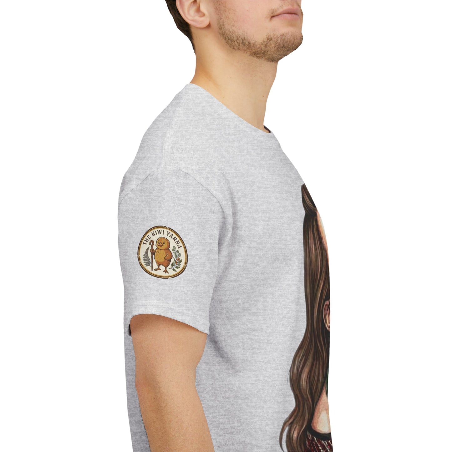 Korowai graphic t-shirt, heather gray; portrait print on side; circular sleeve logo