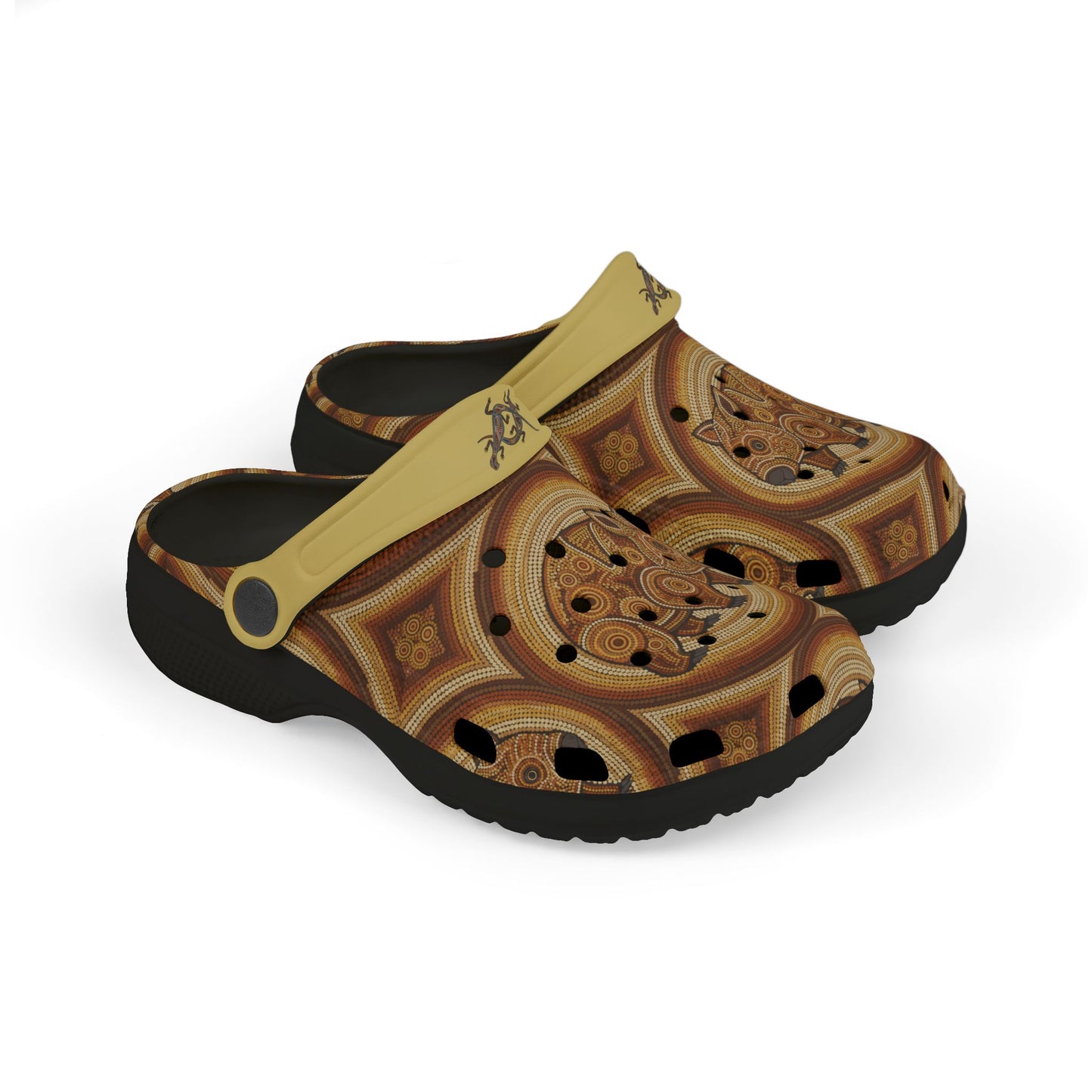 Patterned slip-on casual clogs with yellow strap and dark sole, 3/4 view.