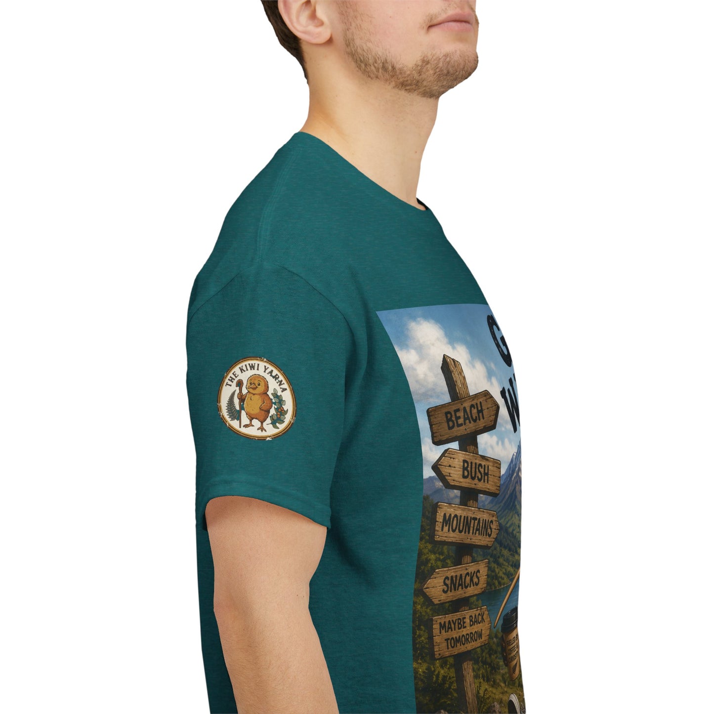 Teal short-sleeve T-shirt side view with round sleeve patch and vertical graphic panel.