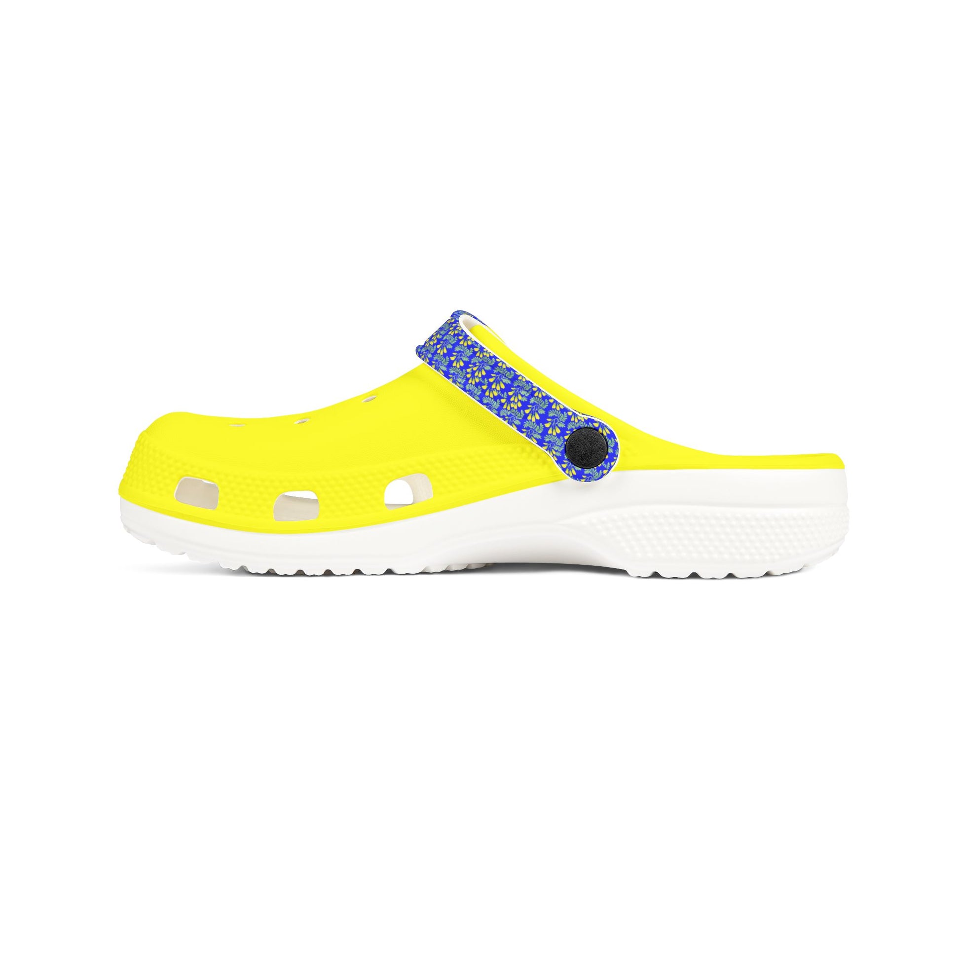 Kōwhai slip-on clogs in bright yellow, blue heel strap detail, white outsole