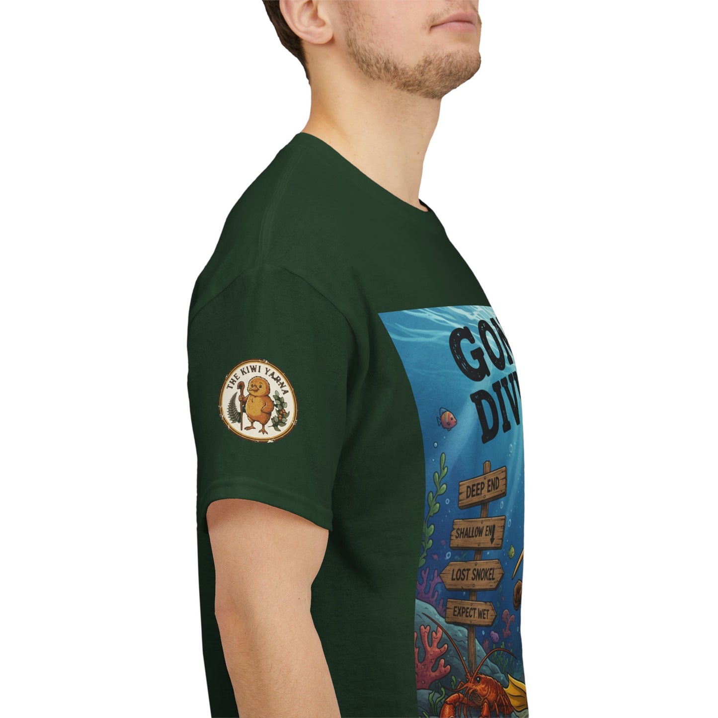Dark green graphic T-shirt with circular sleeve logo and side view of front artwork