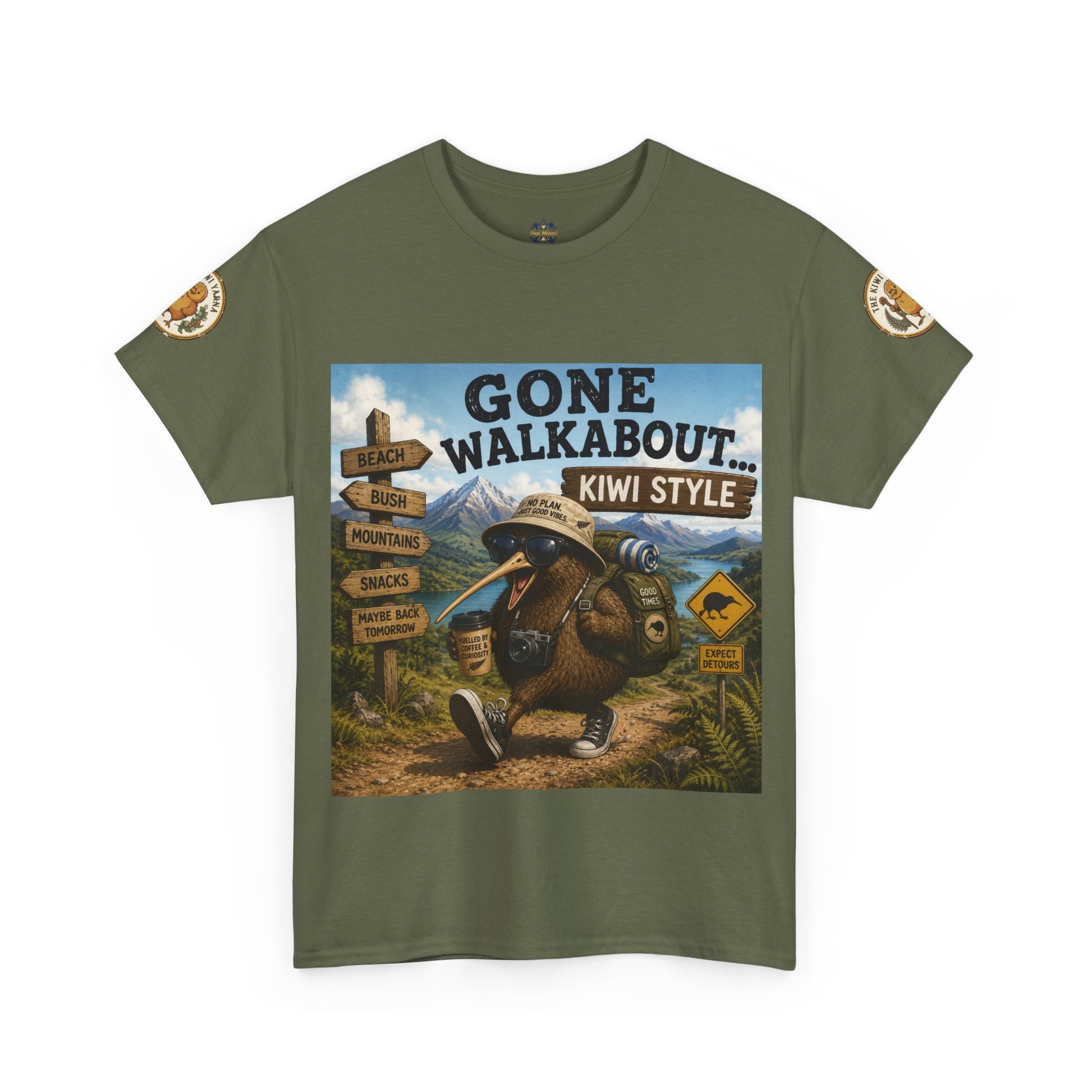 Olive green crew-neck graphic T-shirt with rectangular “Gone Walkabout” kiwi-style front print