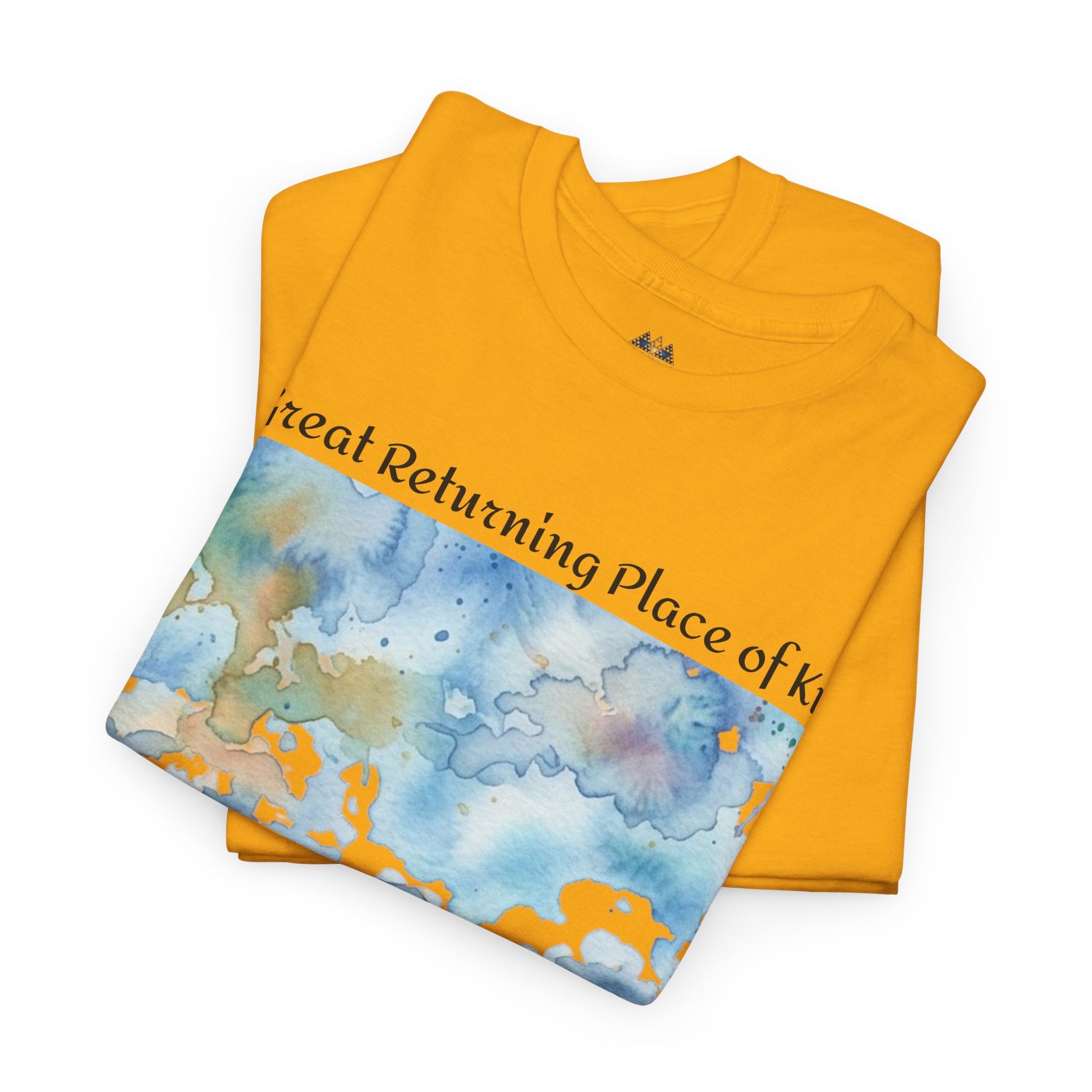 Yellow Hokianga Harbour T-shirt folded with landscape print and visible front text