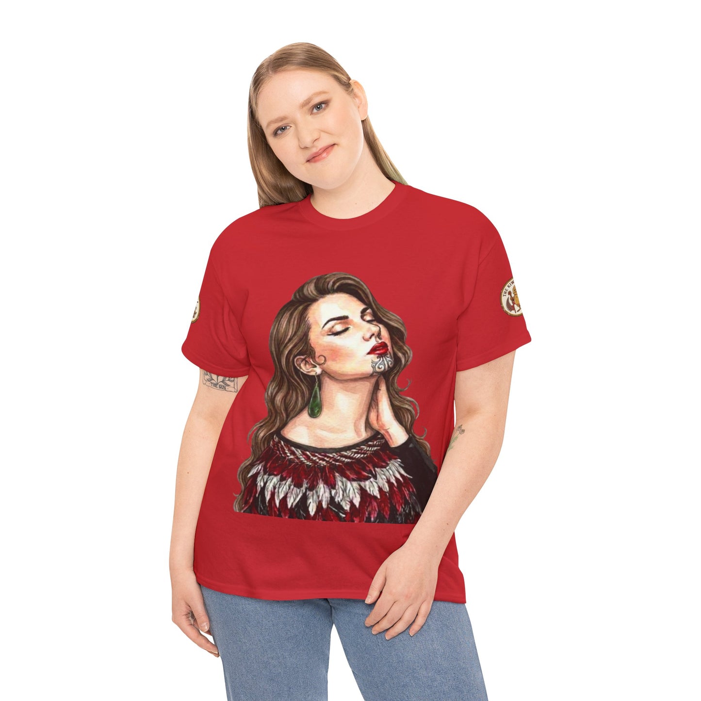 Red crewneck graphic t-shirt with woman's portrait and green earring, worn on model