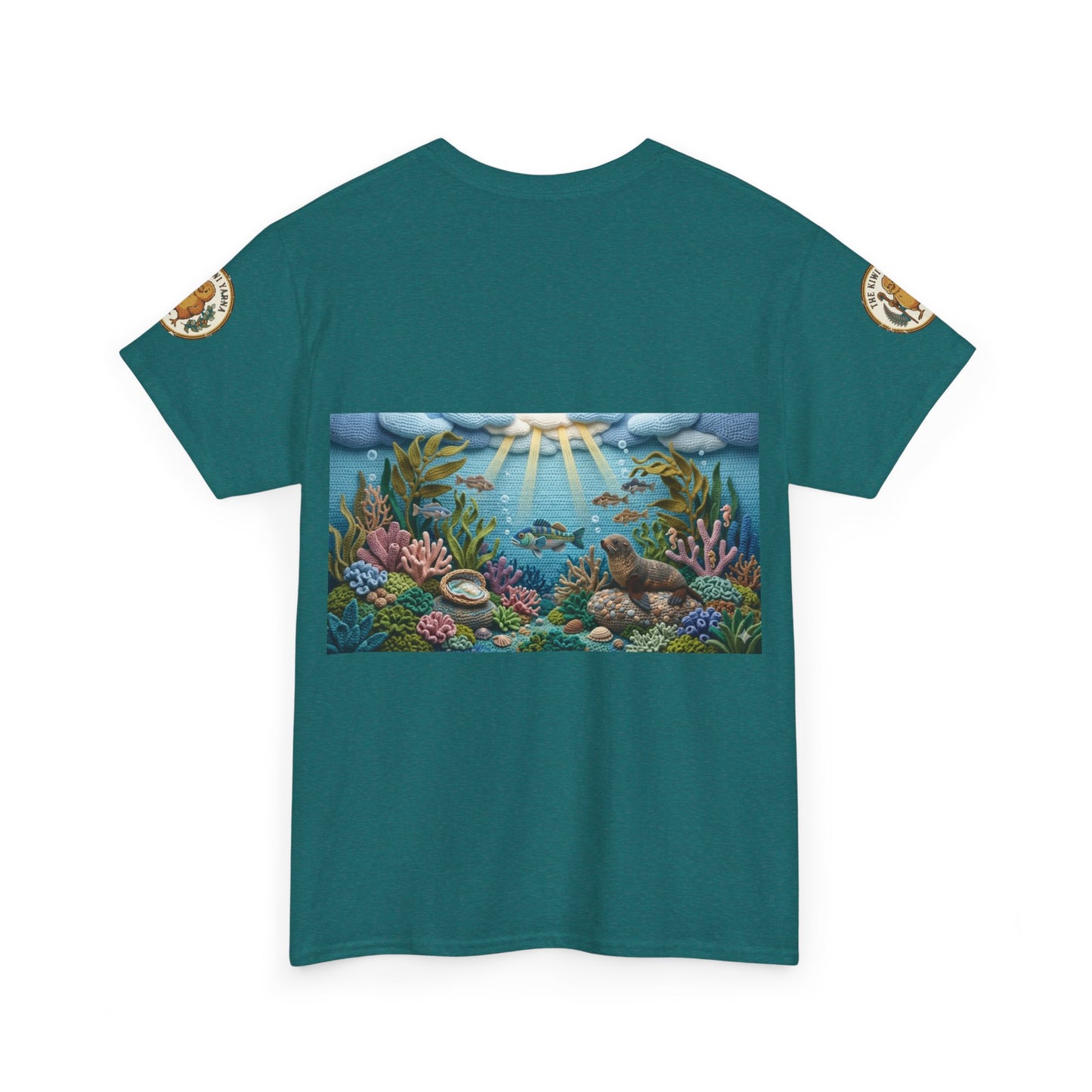 Teal short-sleeve T-shirt with undersea graphic panel on the front and sleeve patches