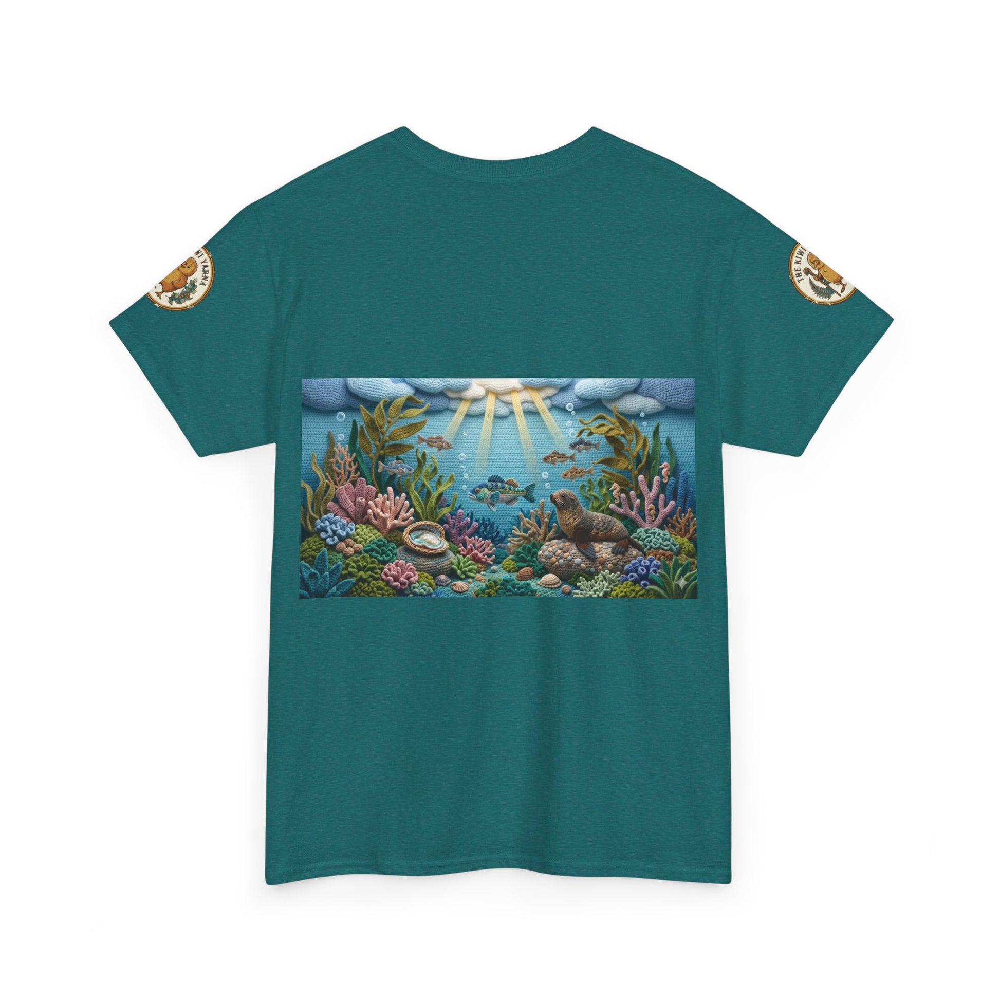Teal short-sleeve T-shirt with undersea graphic panel on the front and sleeve patches