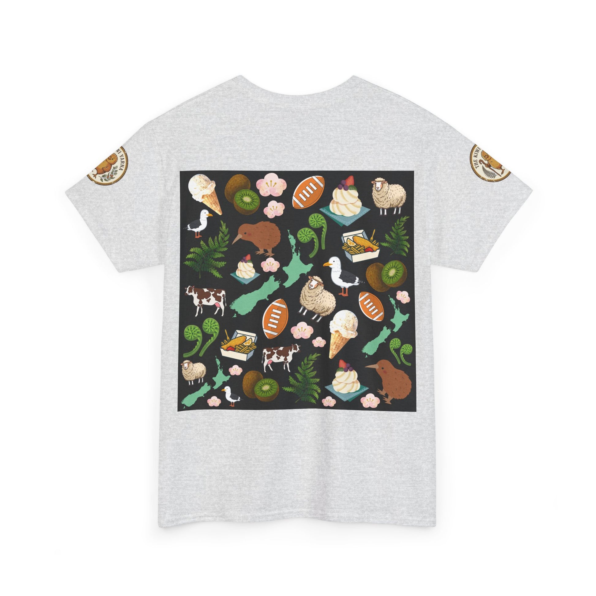 Heather gray short-sleeve T-shirt with centered colorful Kiwiana animal print