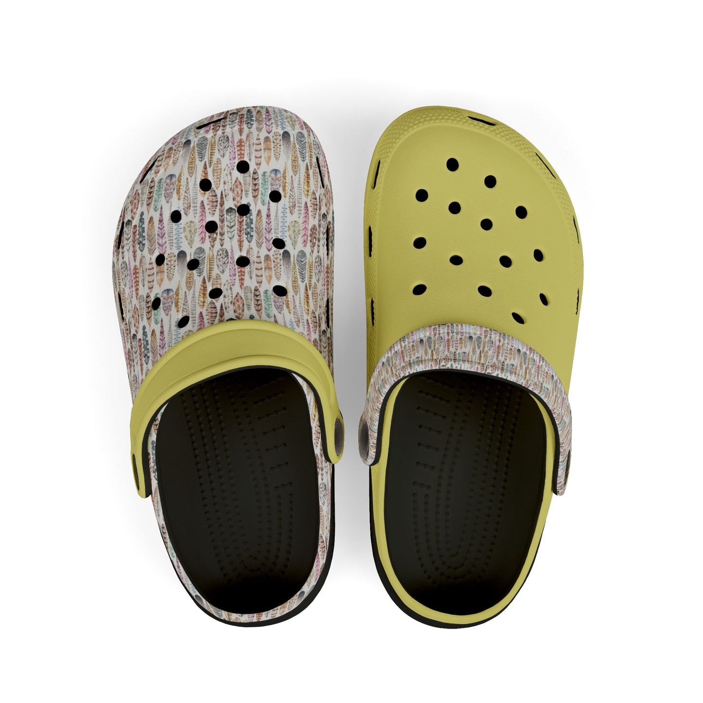 Croc-style clogs with yellow top, dark interior lining, and patterned knit sides