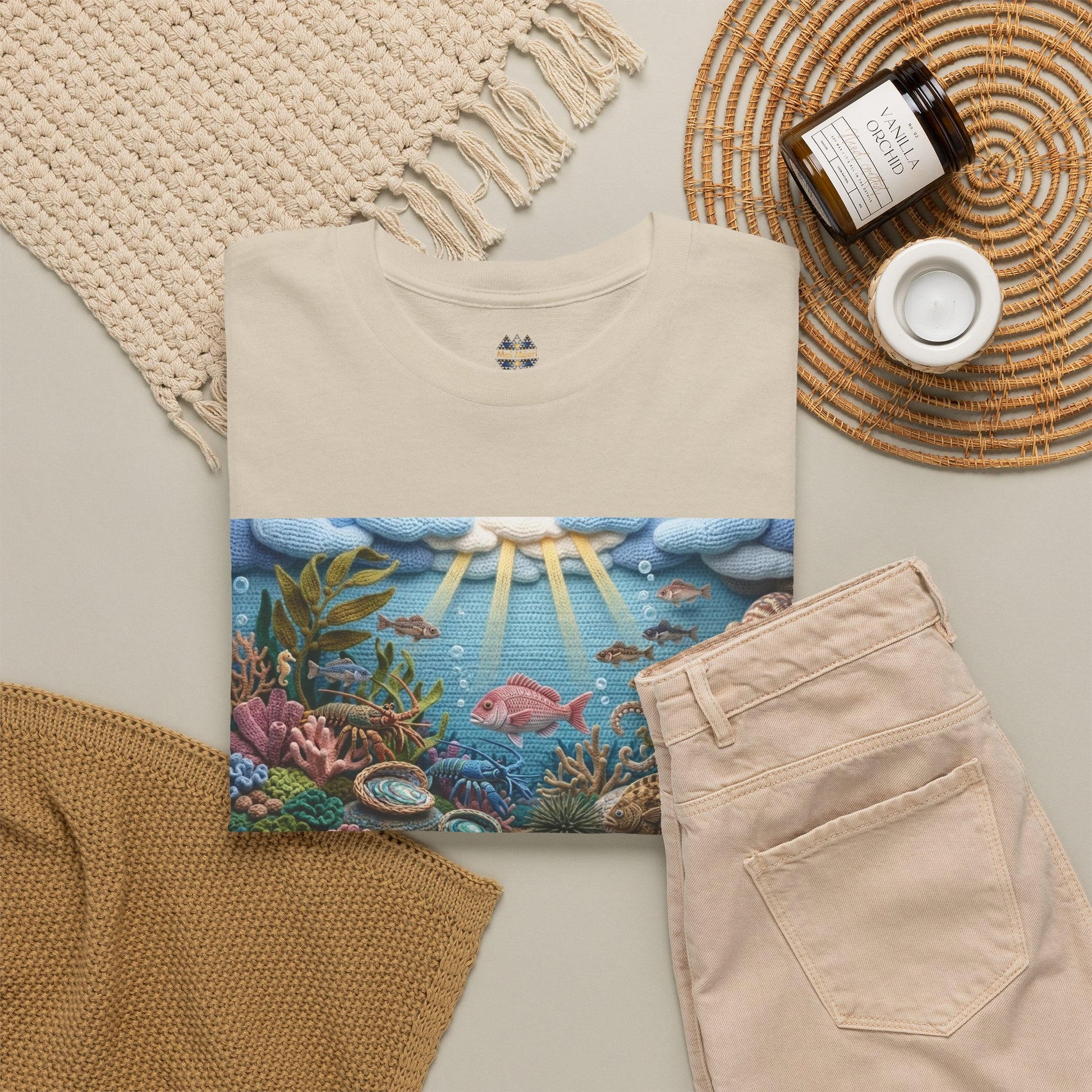 Under the sea graphic T-shirt, light beige crew neck with ocean scene banner print