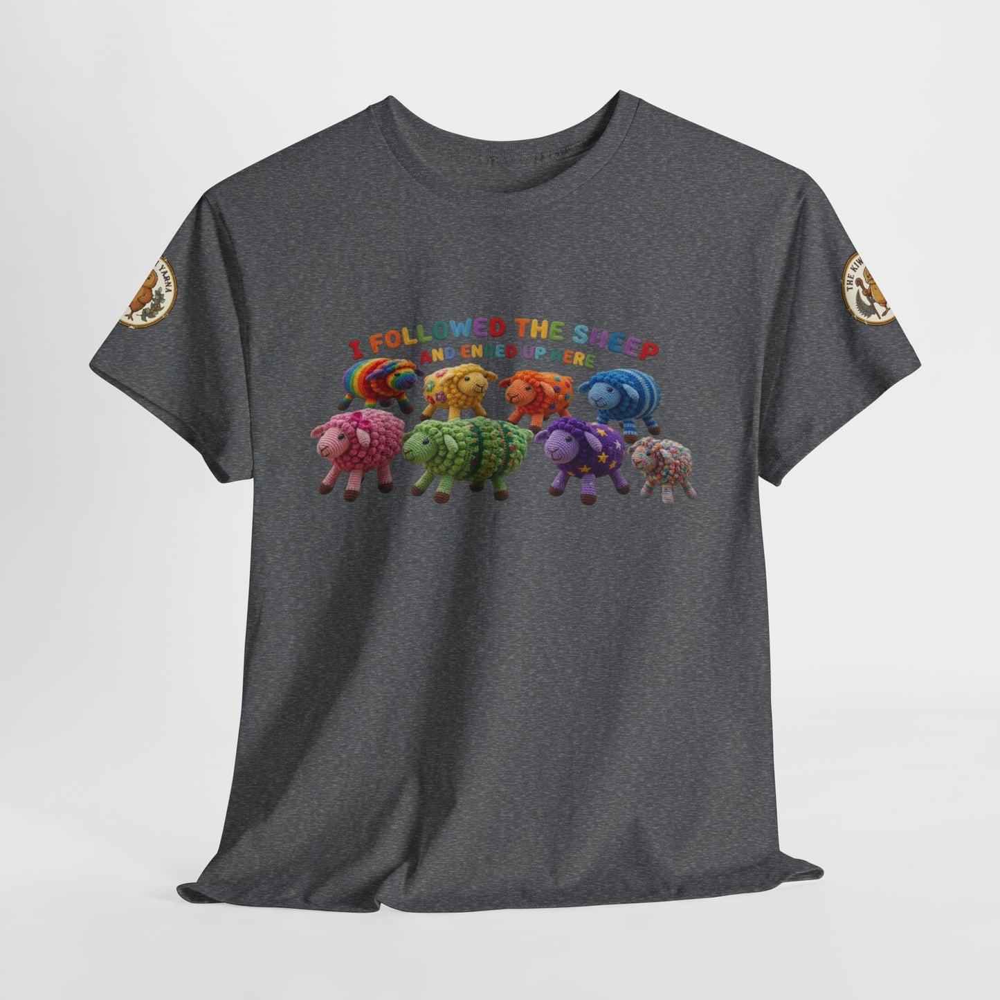 Dark heather gray crew-neck t-shirt on mannequin, sheep graphic centered on chest