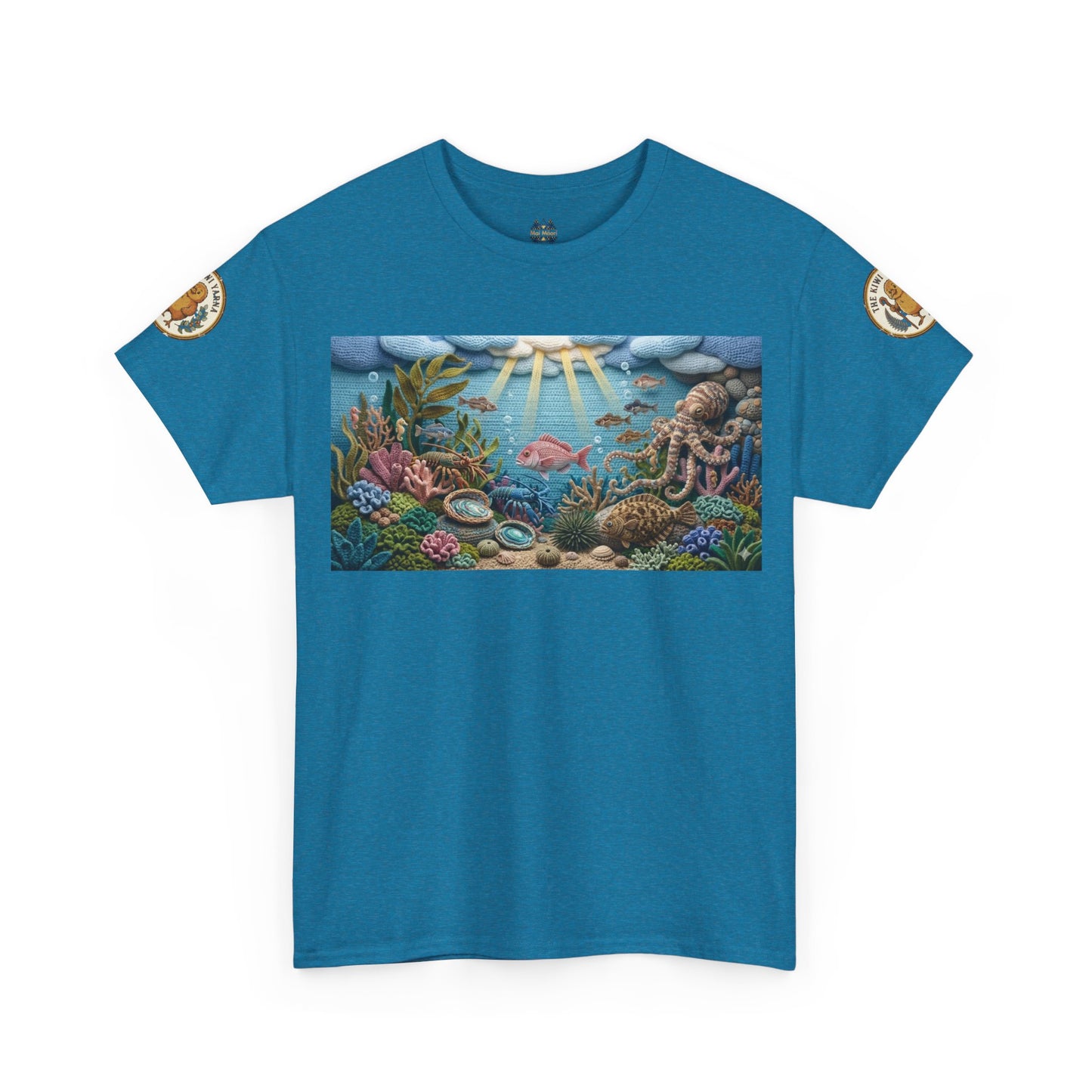 Blue T-shirt with sea scene graphic and circular shoulder patches