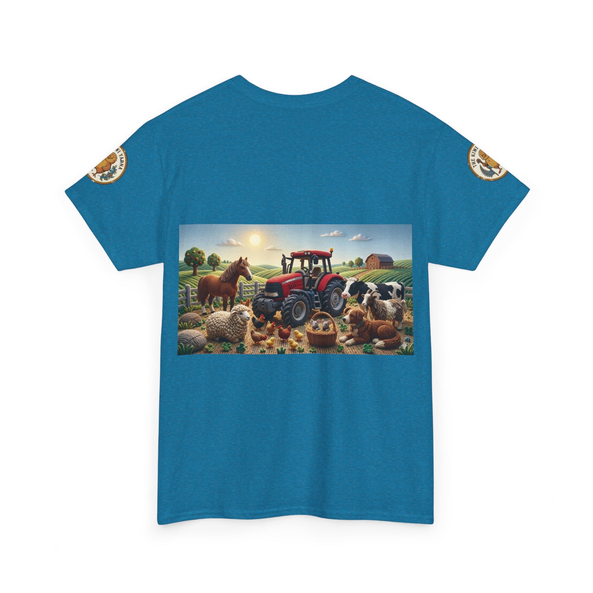 Blue short-sleeve T-shirt with front farm tractor and animals graphic, side sleeve patch.