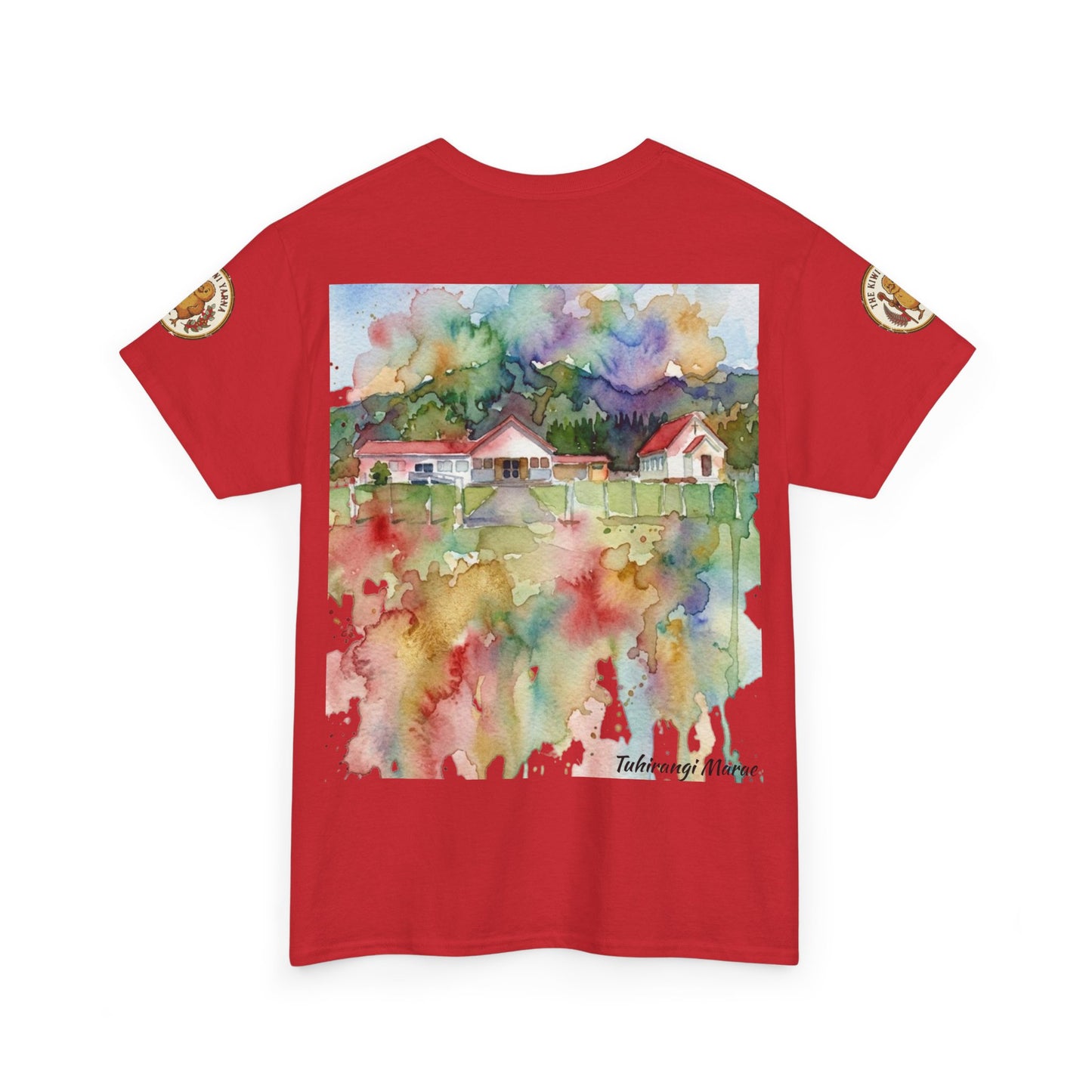 Red graphic T-shirt with watercolor house scene print