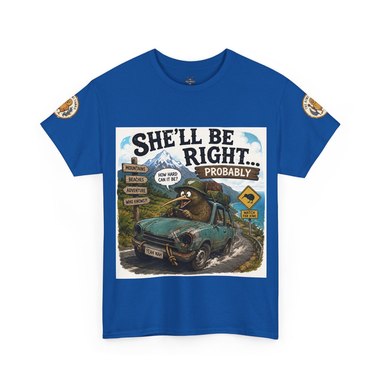 Royal blue graphic crewneck T-shirt with “She’ll Be Right.. Probably” front print and circular sleeve logos.