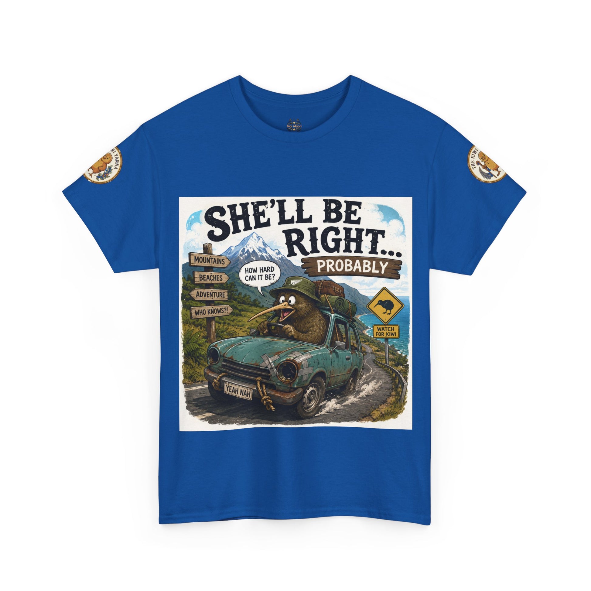 Royal blue graphic crewneck T-shirt with “She’ll Be Right.. Probably” front print and circular sleeve logos.
