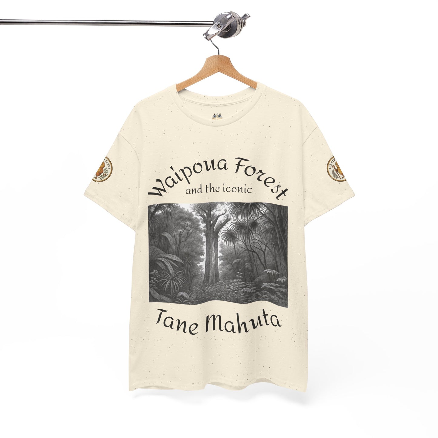 Off-white T-shirt on hanger, front Waipoua Forest forest graphic and Tane Mahuta