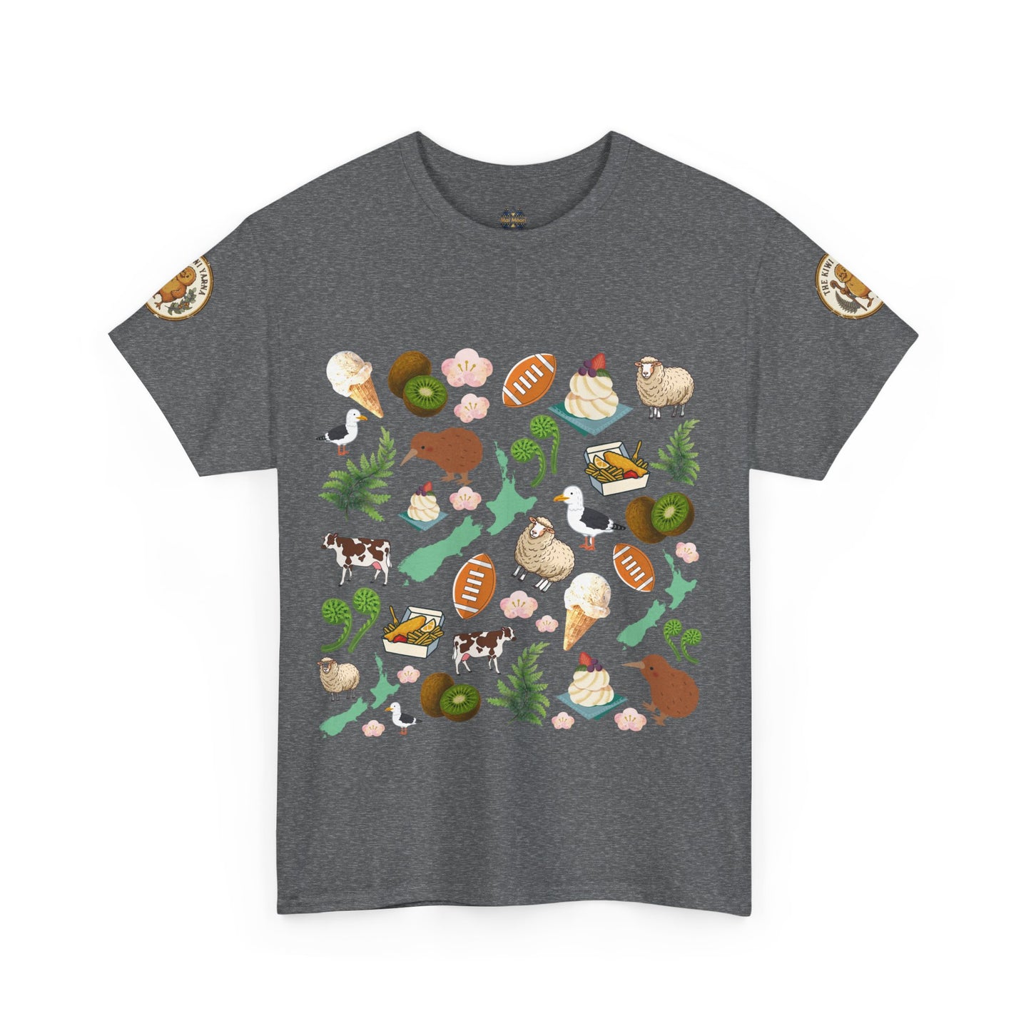 Graphite Heather Kiwiana graphic T-shirt, crewneck, short sleeves, colorful bird and flora print