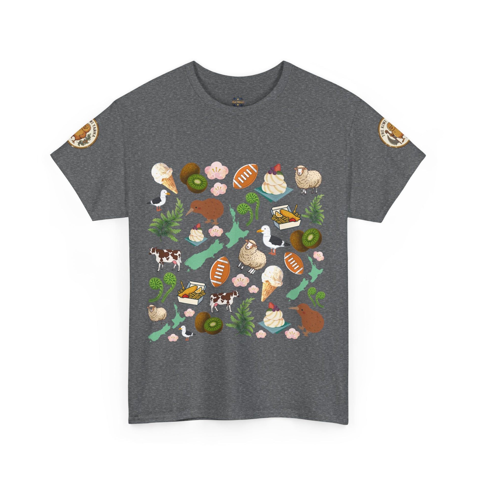 Graphite Heather Kiwiana graphic T-shirt, crewneck, short sleeves, colorful bird and flora print