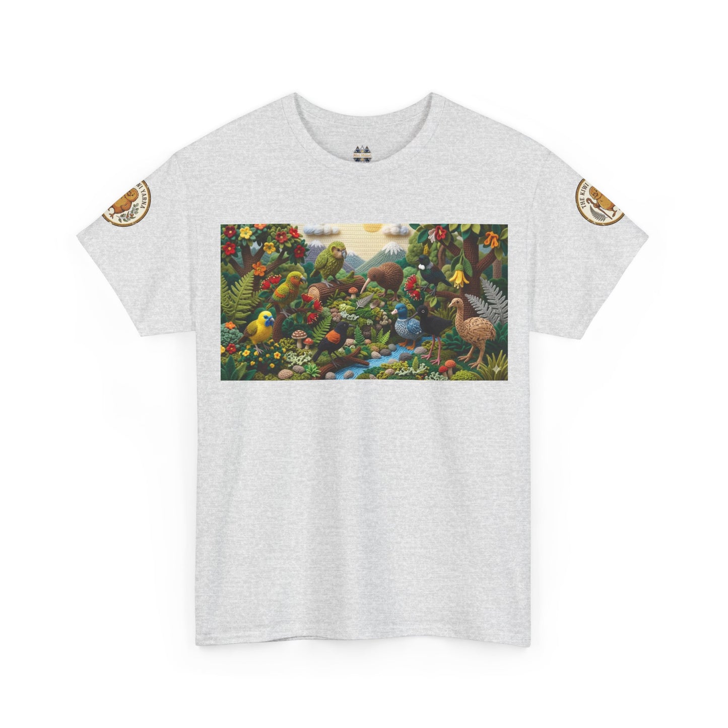Light gray crewneck T-shirt with wildlife bird graphic and circular sleeve logo patches