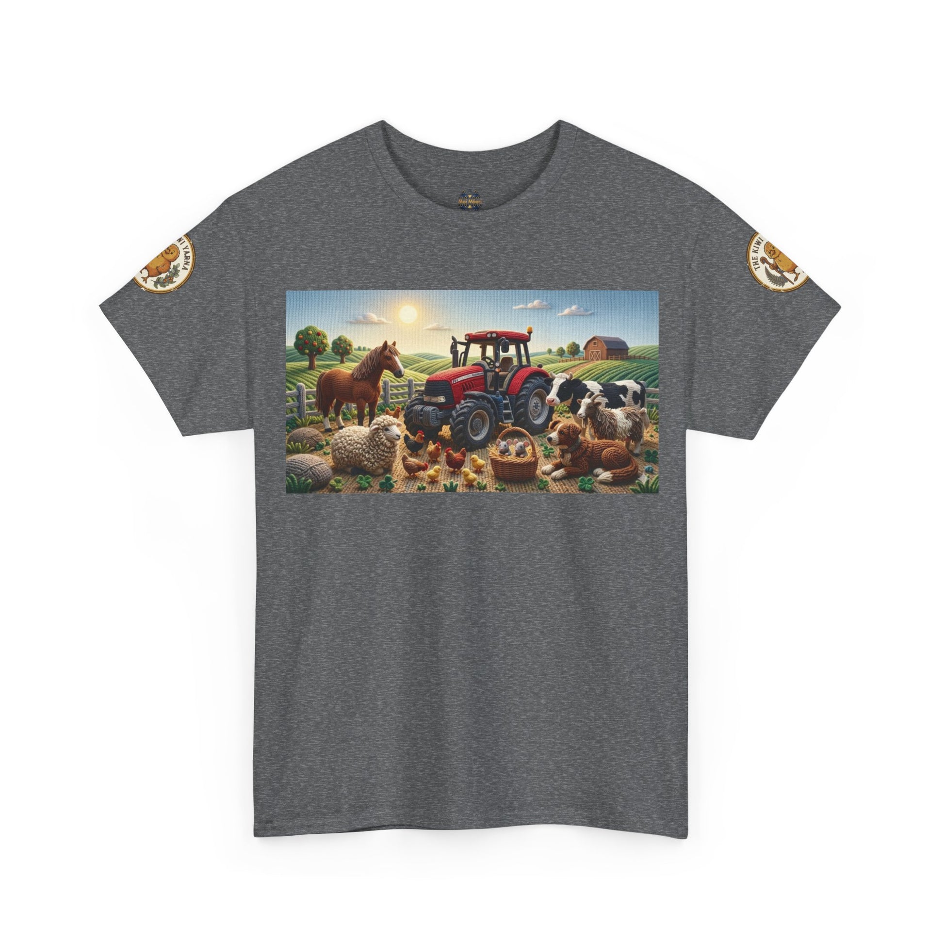 Heather gray farm graphic T-shirt with front rectangle tractor-and-animals scene and sleeve patches