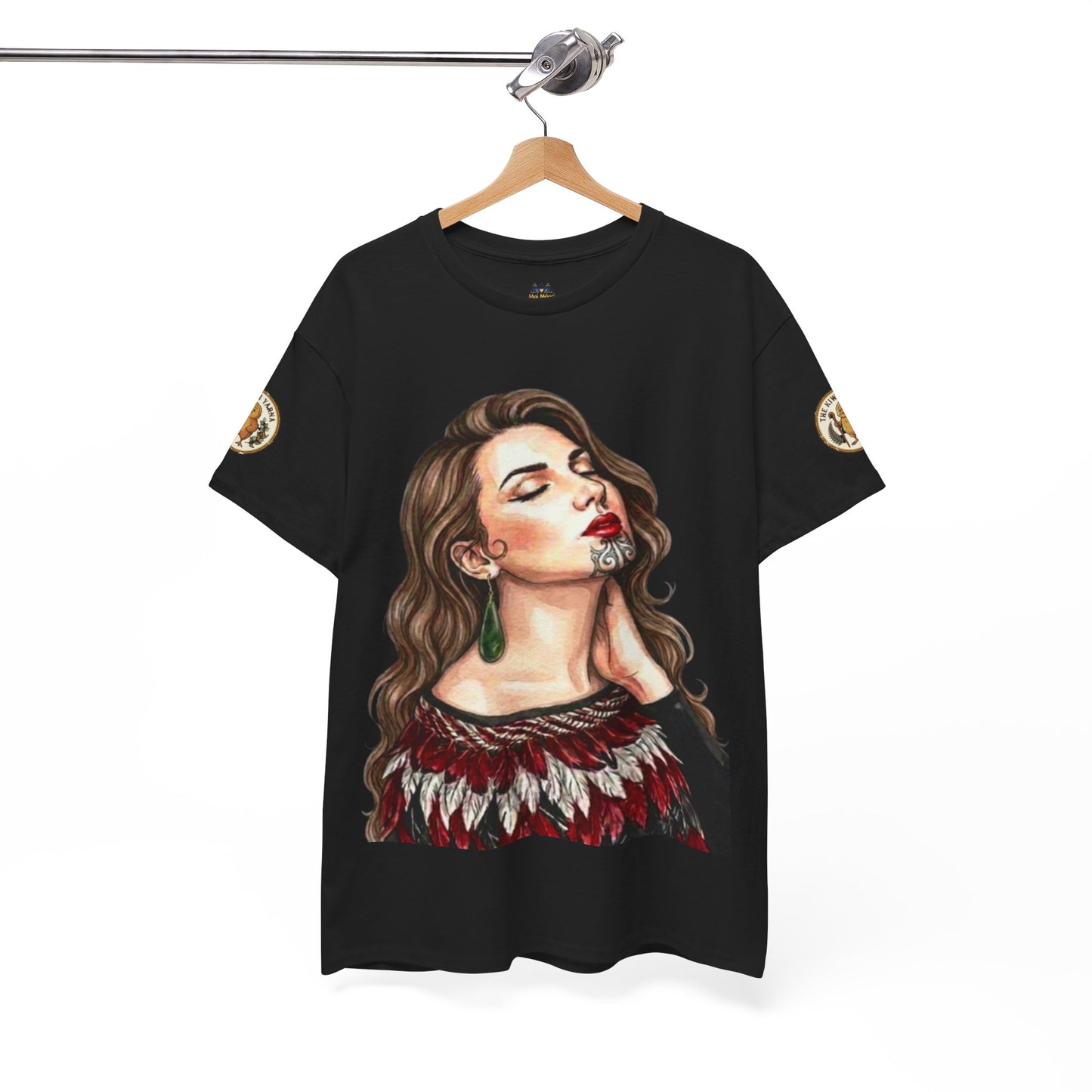 Black graphic T-shirt with woman portrait print and small sleeve patch