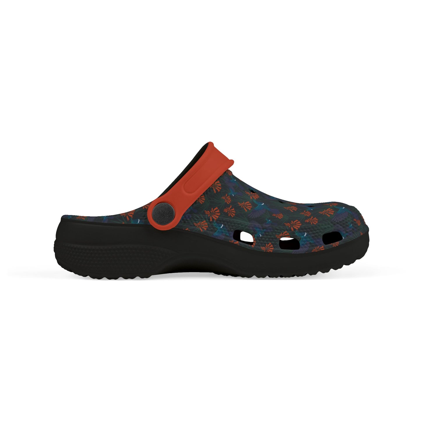 Kids' clog-style casual shoe, side view, orange upper with dark blue patterned strap and sole