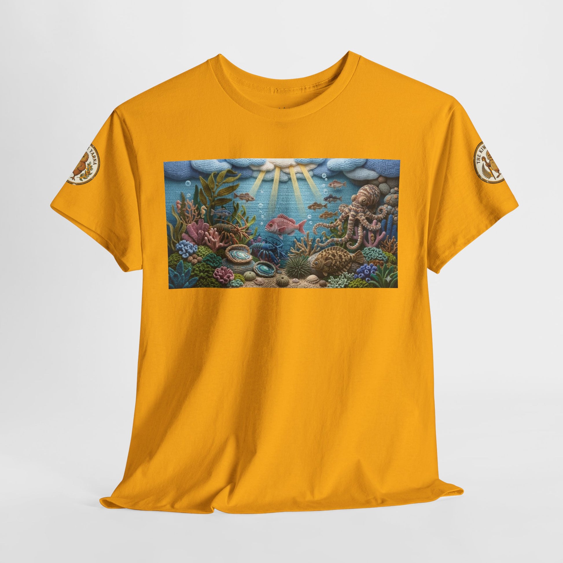 Mustard yellow crew-neck T-shirt featuring ocean reef fish graphic on chest