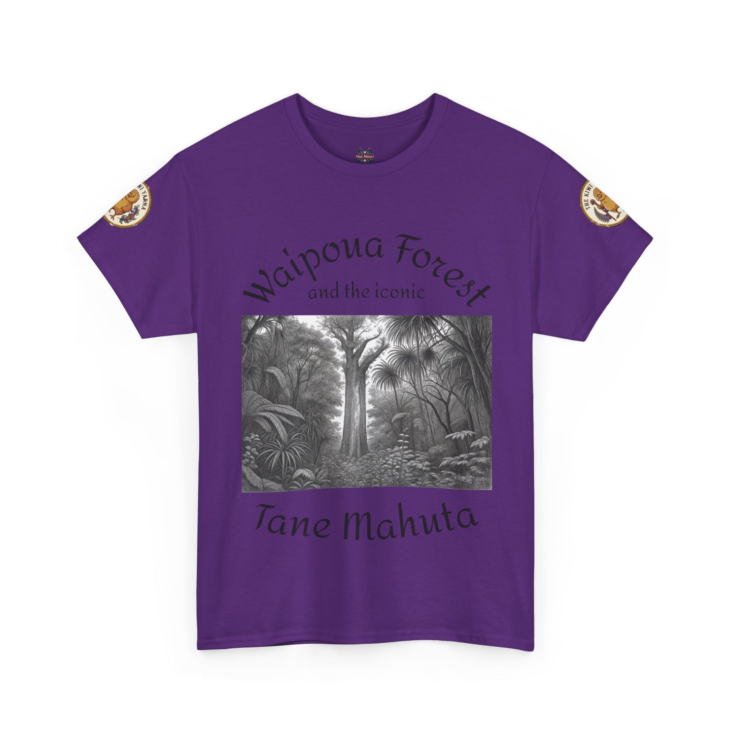 Purple T-shirt with front forest graphic and sleeve patches, crew neck.
