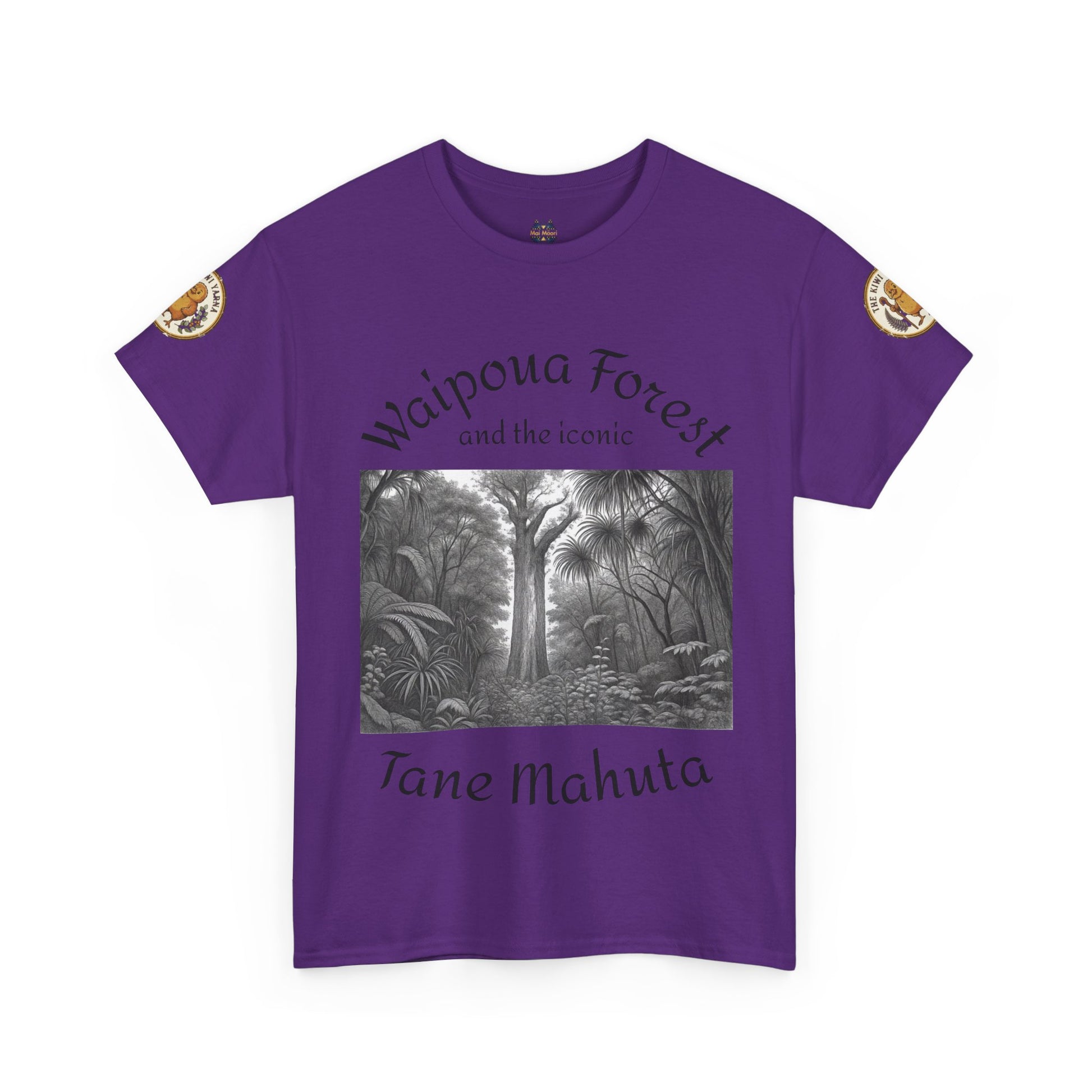 Purple T-shirt with front forest graphic and sleeve patches, crew neck.
