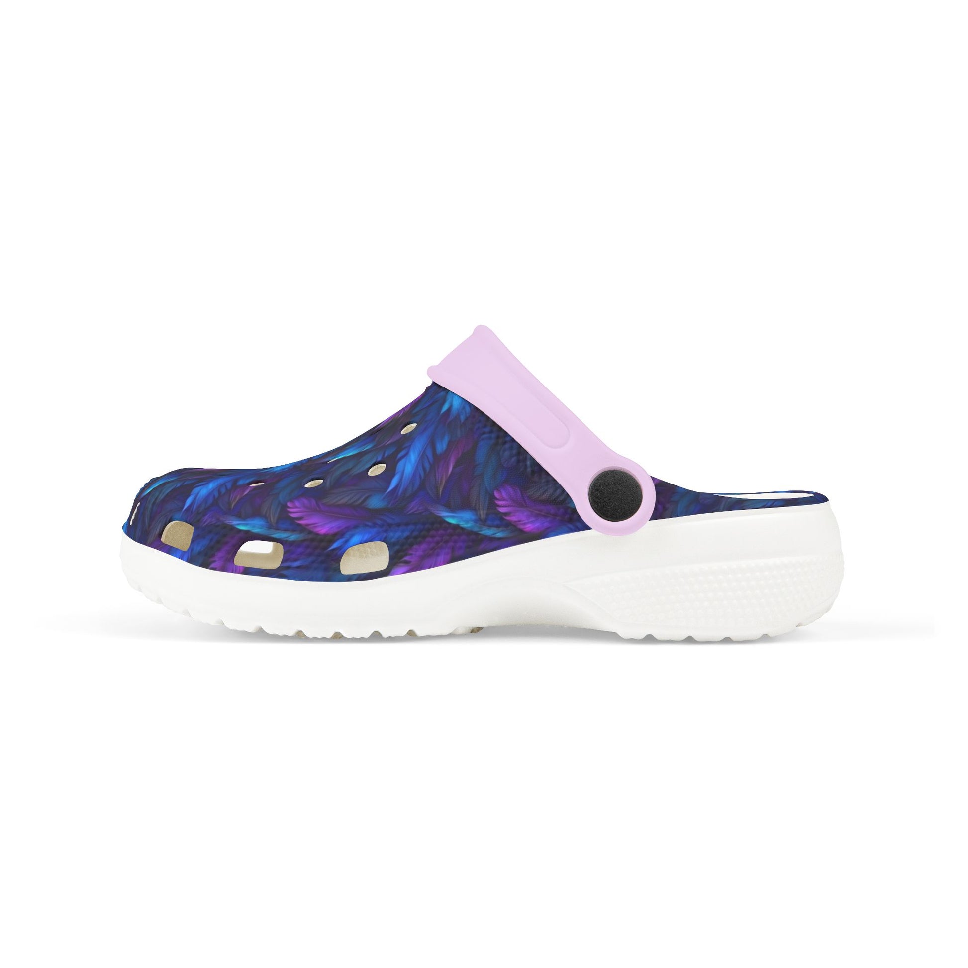 Slip-on clog with lavender upper and dark blue pattern, white outsole, rounded toe