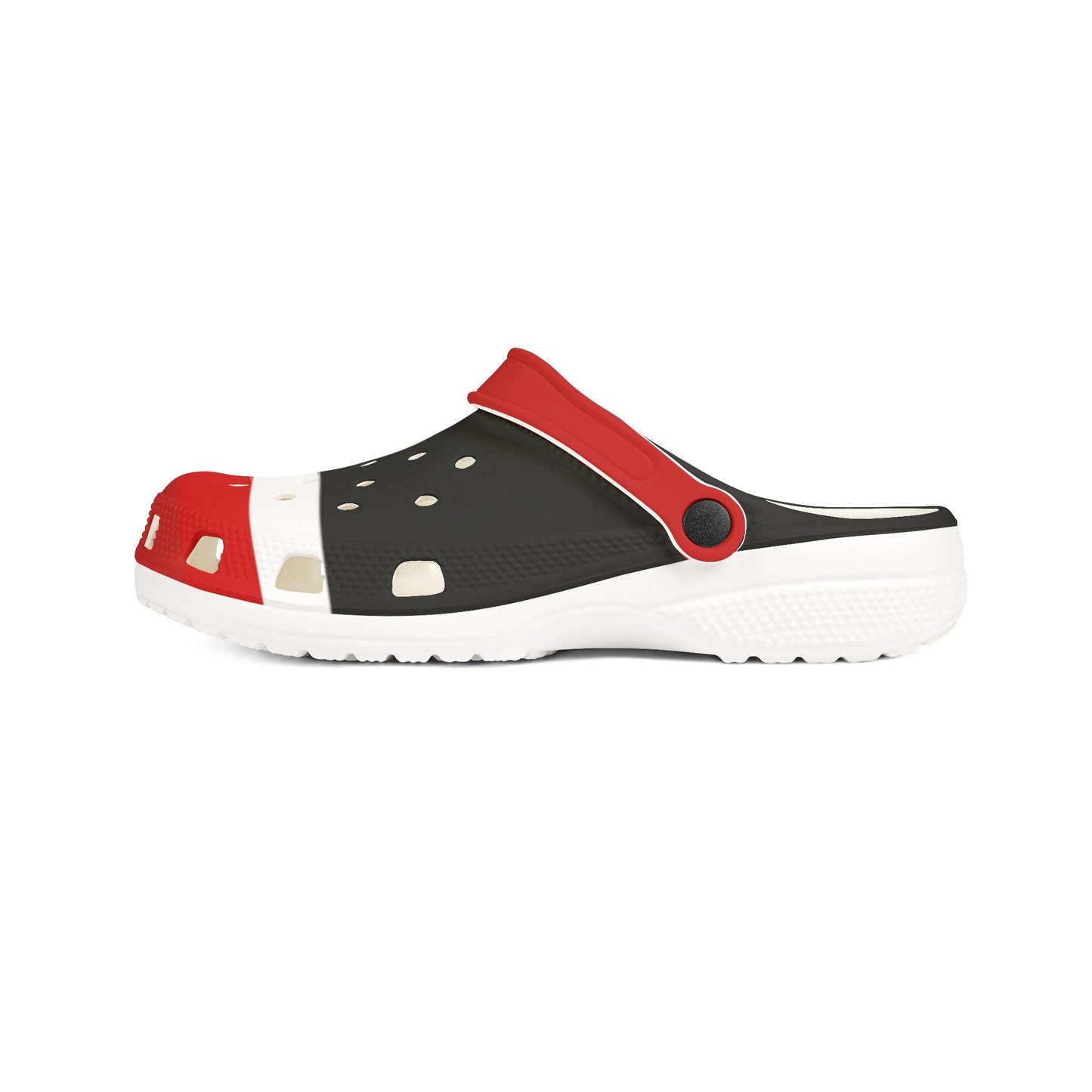Tino clog with red and black upper, white midsole, perforated pattern and side panel