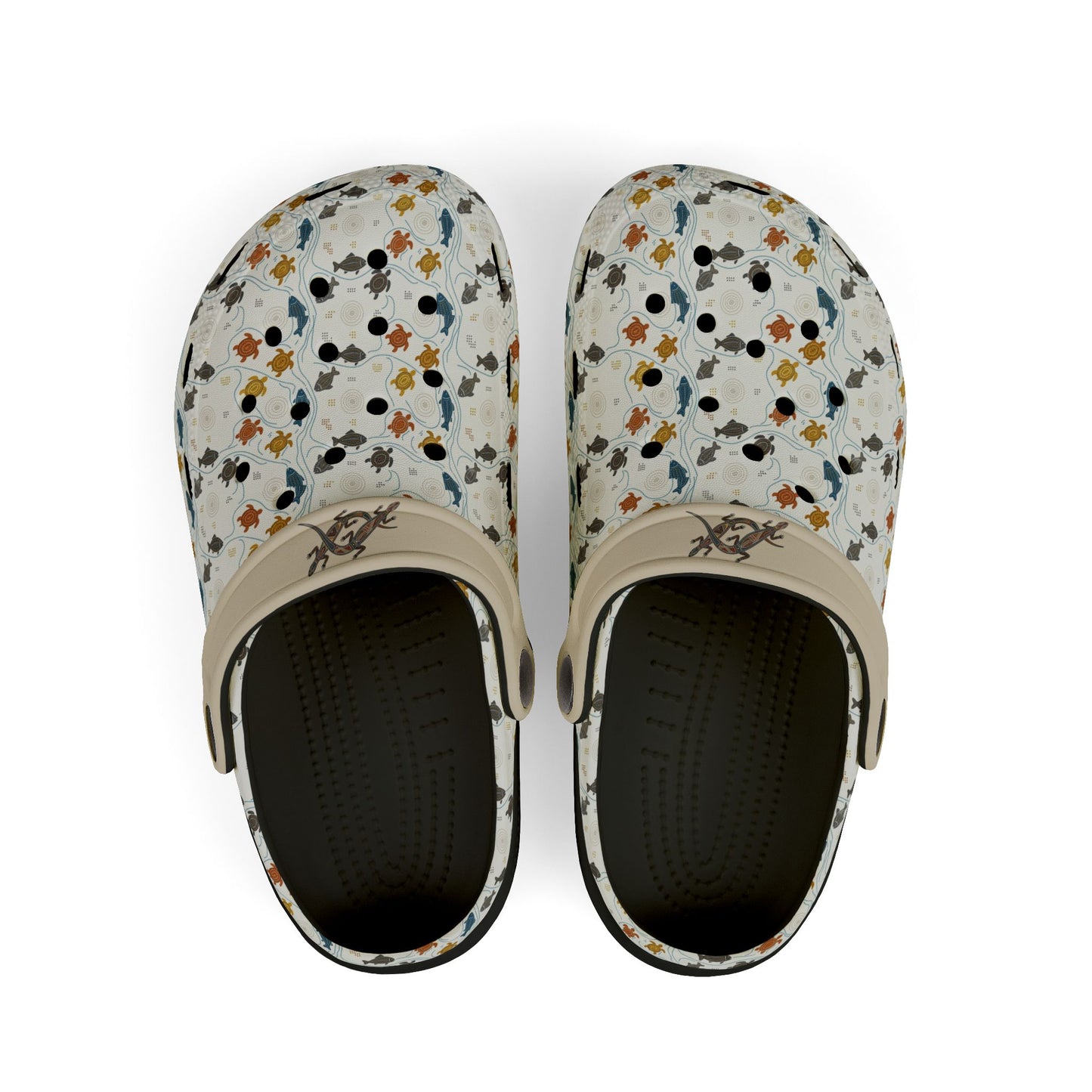 Cream clog shoes with colorful animal pattern upper and dark inner lining