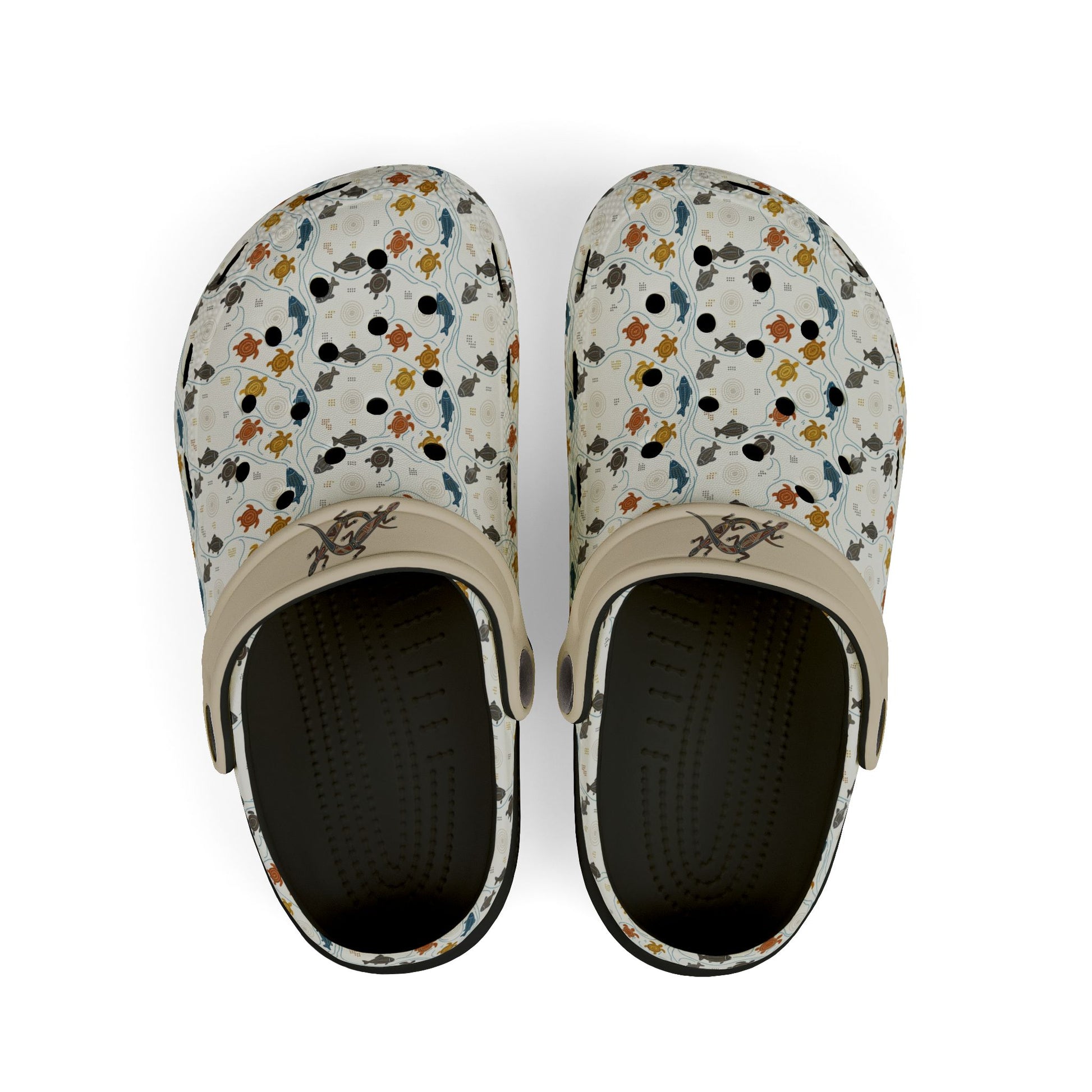 Cream clog shoes with colorful animal pattern upper and dark inner lining