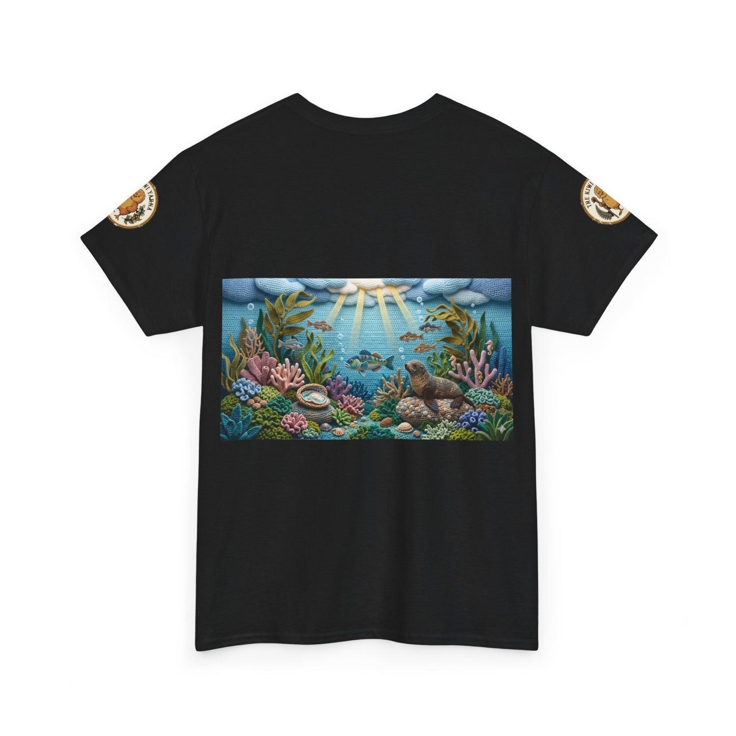 Black T-shirt with sea scene graphic and circular shoulder patches